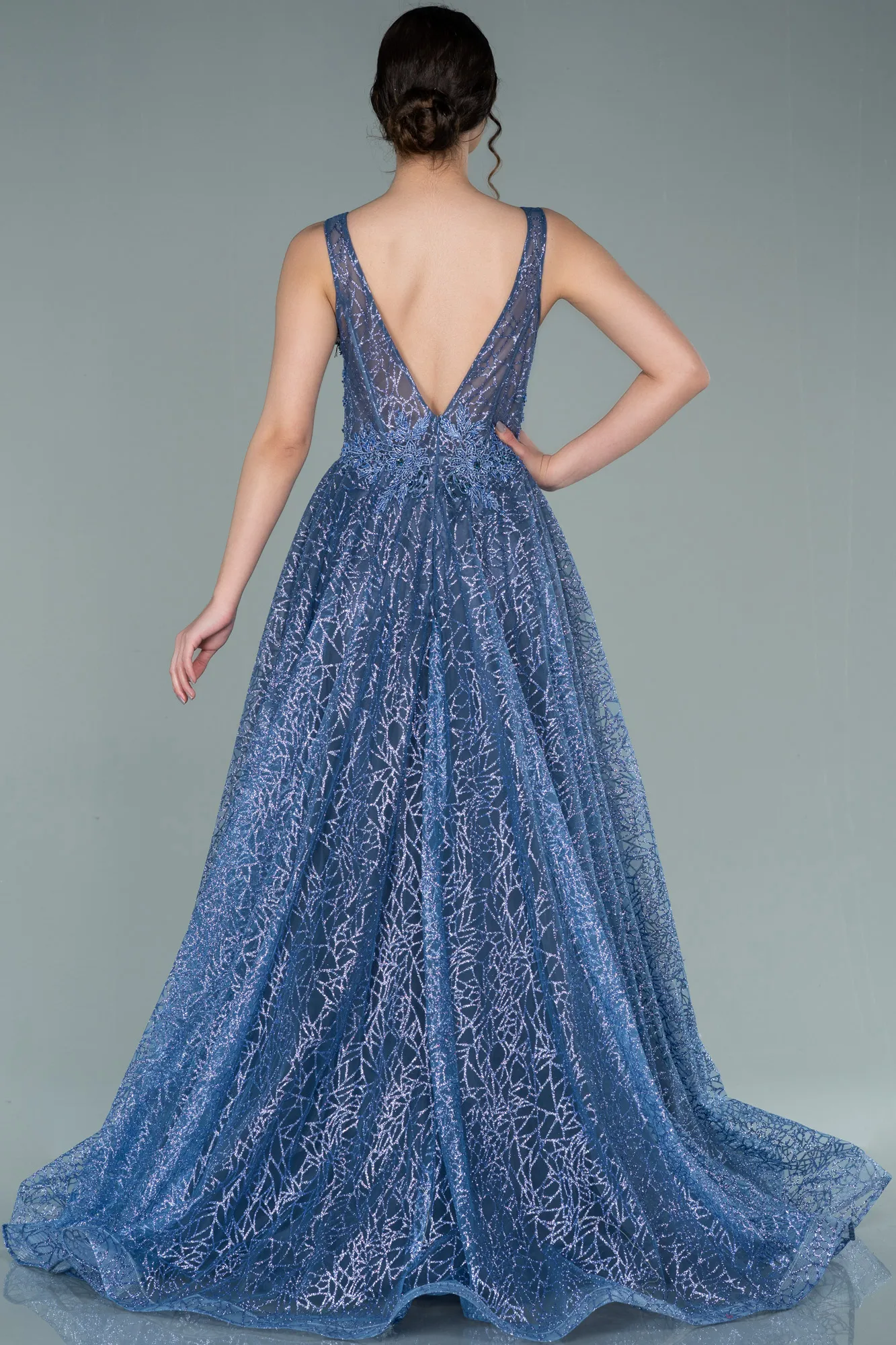 Indigo-Embroidered Bodice Dusty Rose Tulle Evening Gown ABU2131