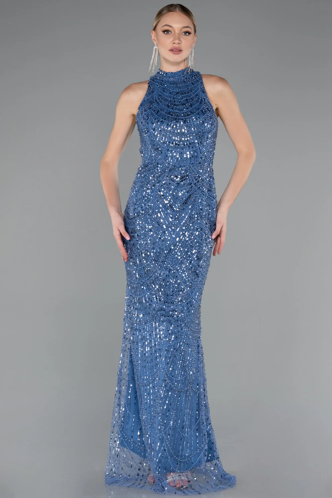 Indigo-Halter Neck Long Beaded Mermaid Evening Gown ABU4791