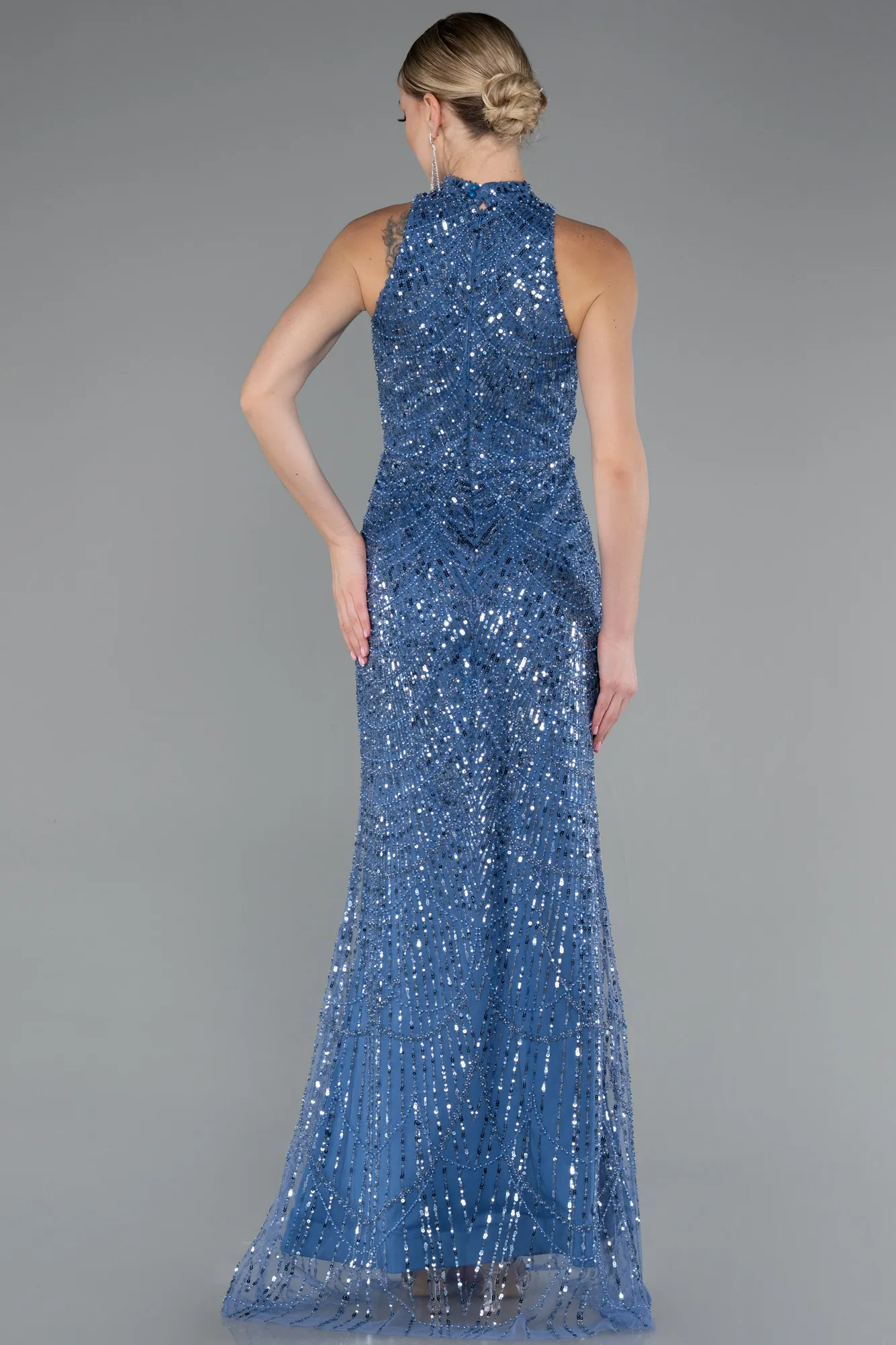 Indigo-Halter Neck Long Beaded Mermaid Evening Gown ABU4791