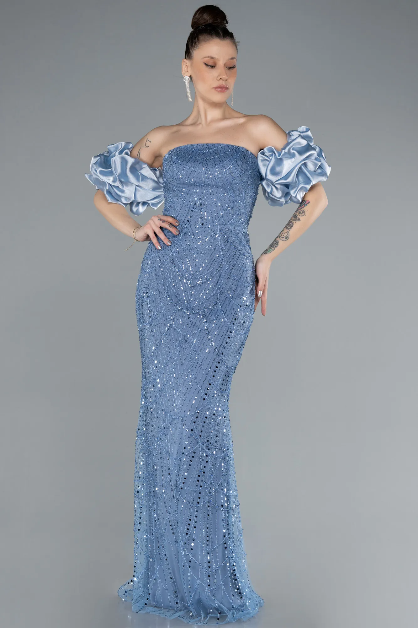 Indigo-Long Beaded Evening Dress ABU4616