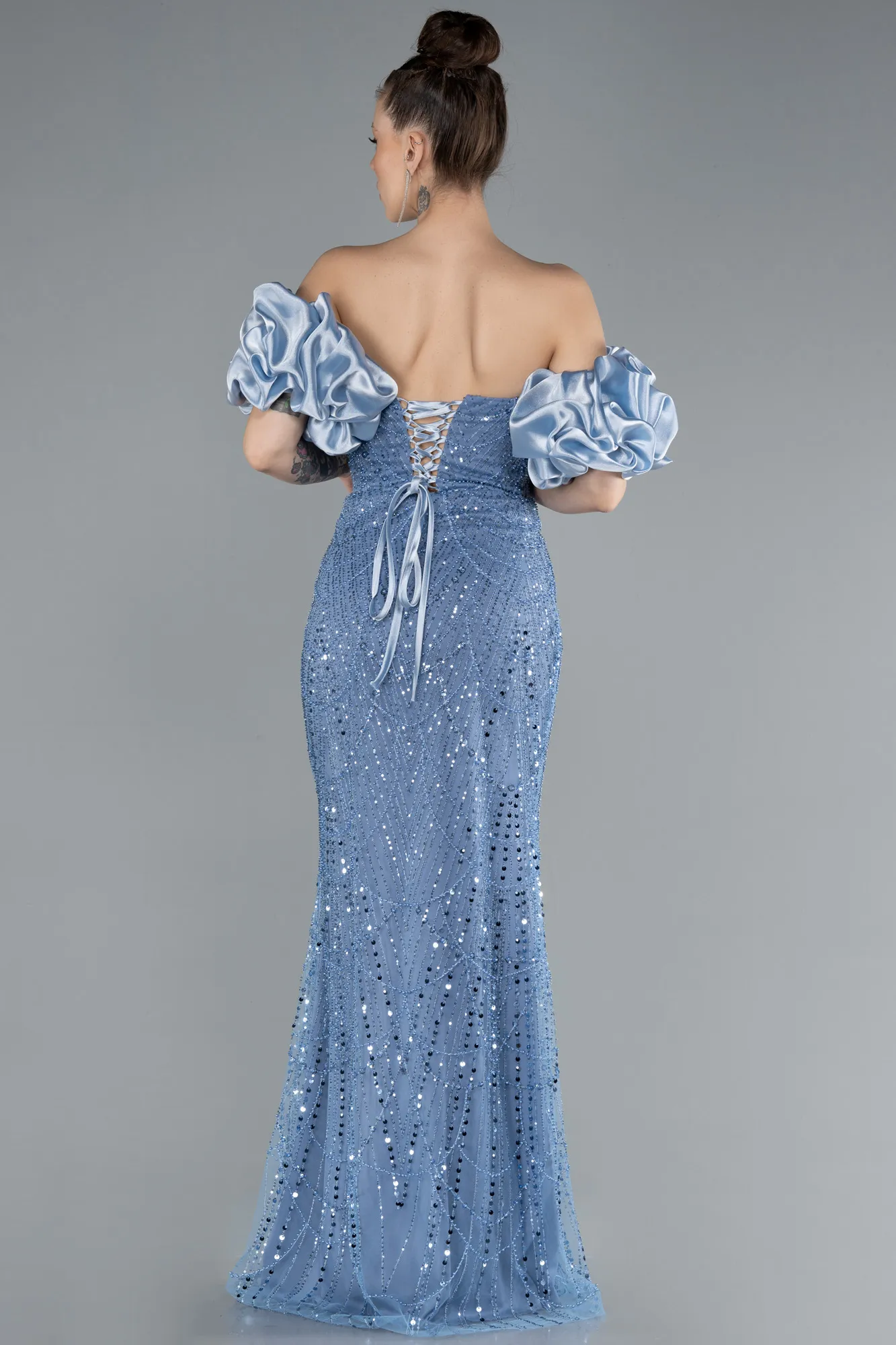 Indigo-Long Beaded Evening Dress ABU4616