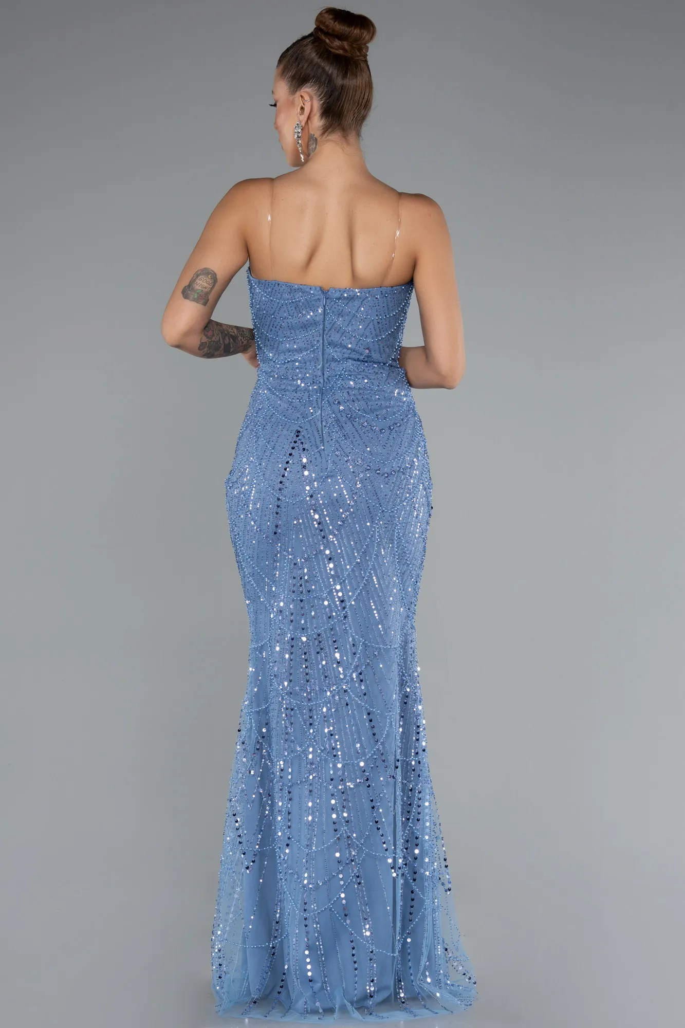 Indigo-Long Beaded Evening Dress ABU5141