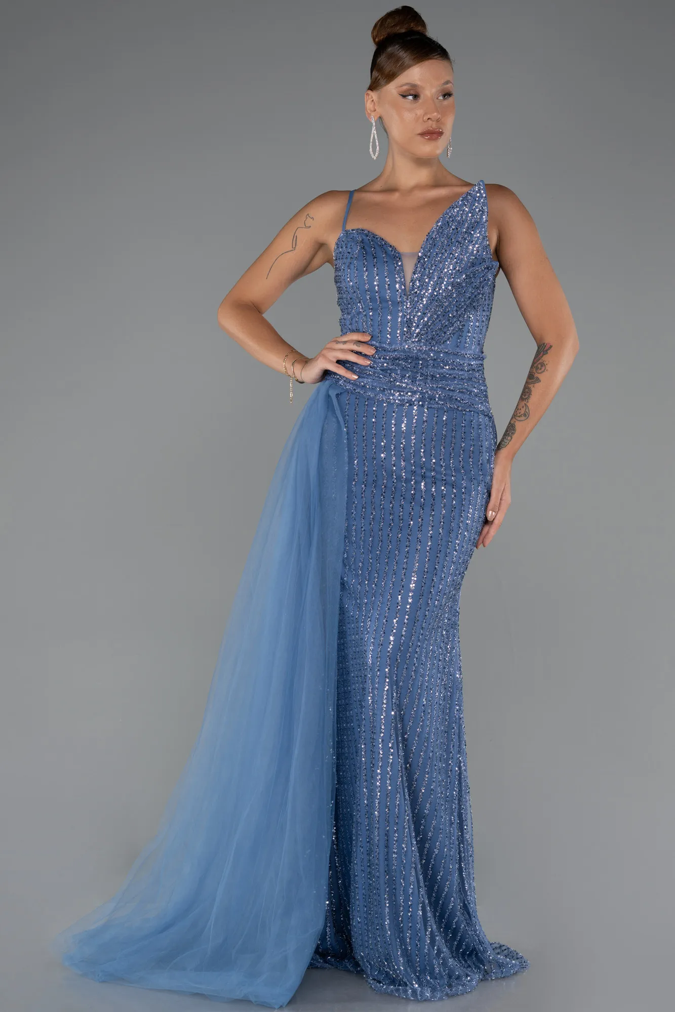 Indigo-Long Beaded Evening Dress ABU5297
