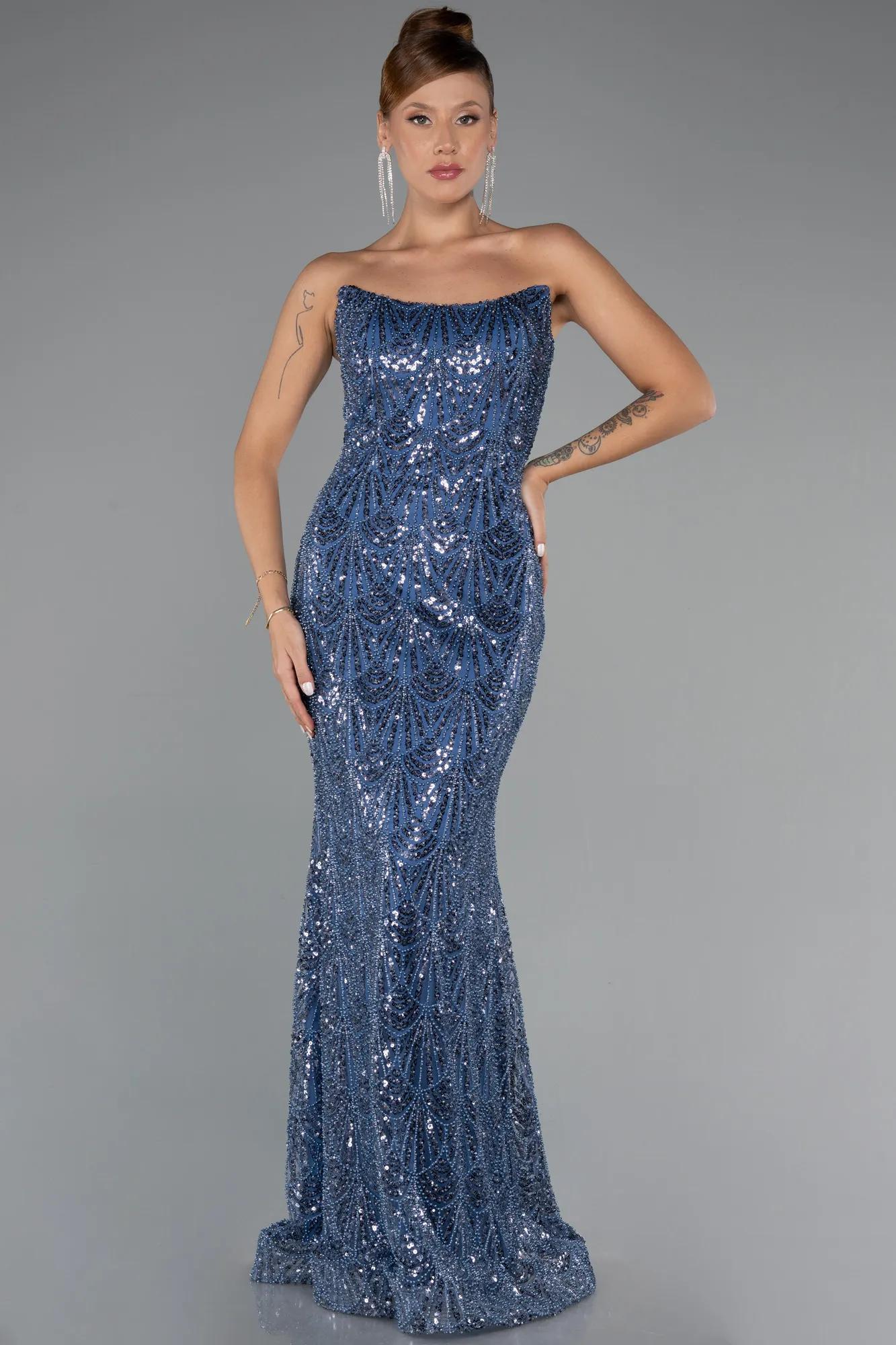 Indigo-Long Beaded Evening Dress ABU5345