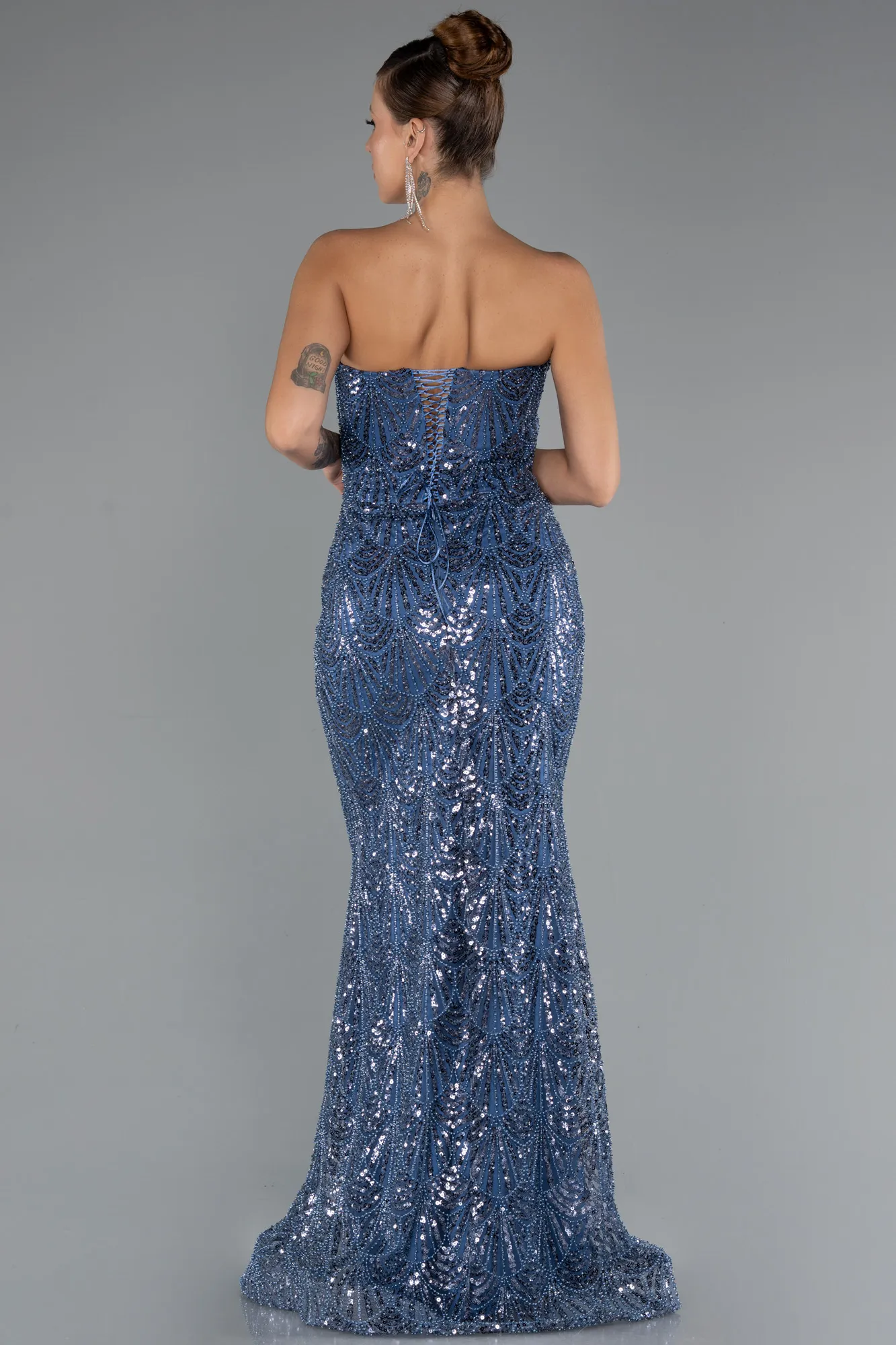 Indigo-Long Beaded Evening Dress ABU5345