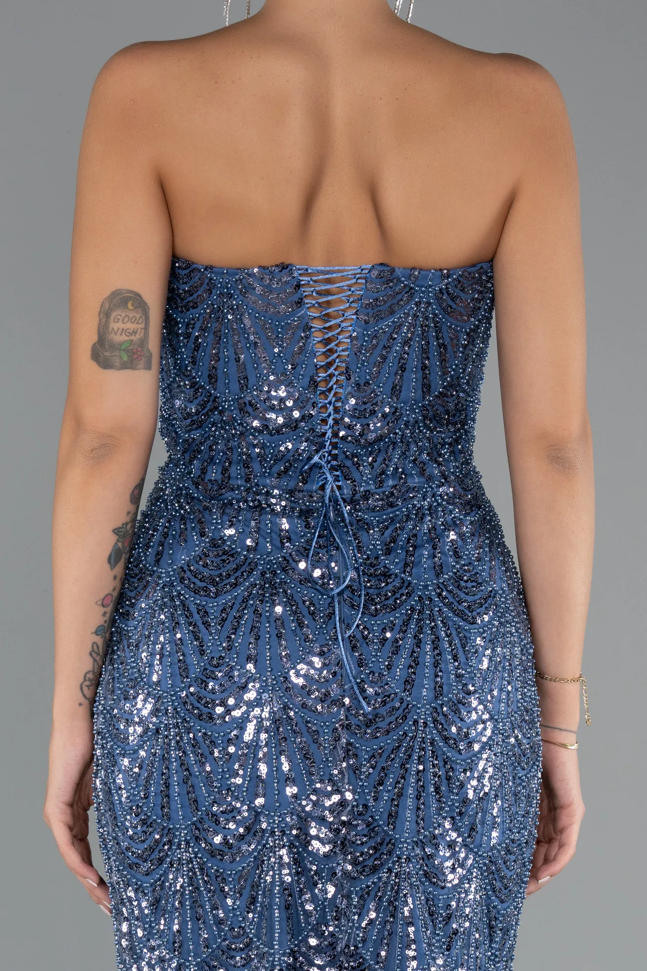 Indigo-Long Beaded Evening Dress ABU5345