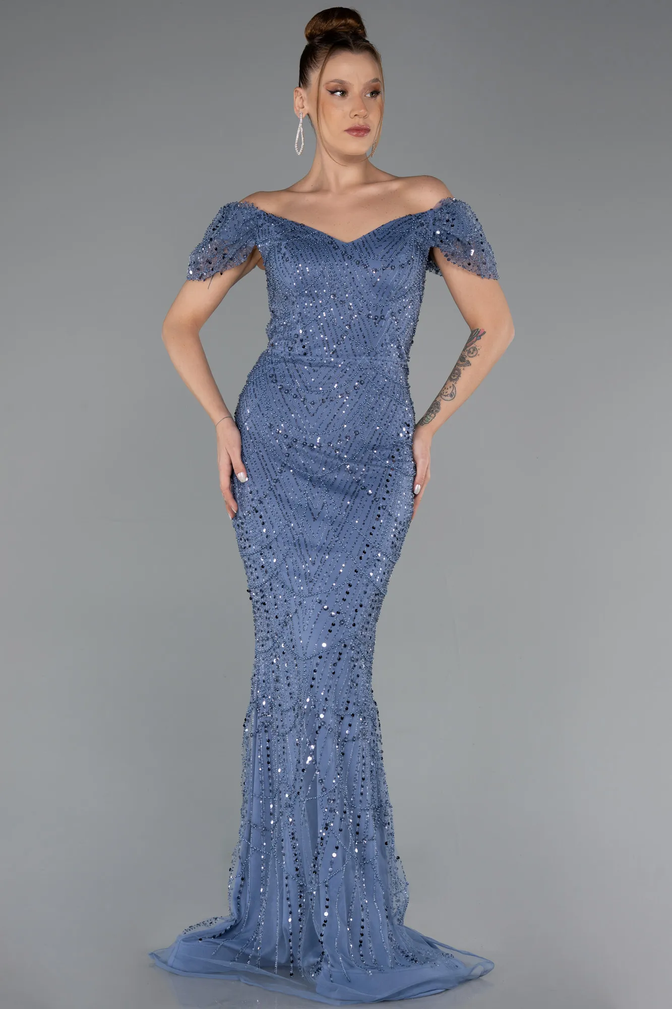 Indigo-Long Beaded Evening Dress ABU5404