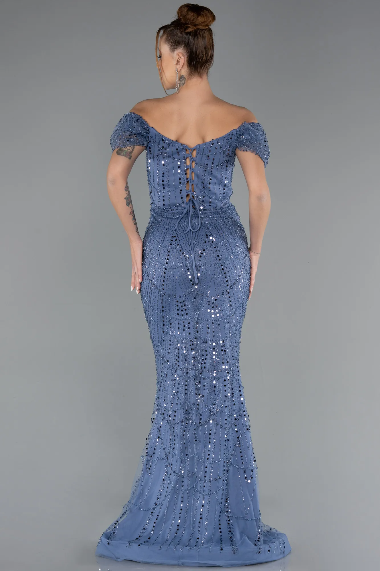 Indigo-Long Beaded Evening Dress ABU5404
