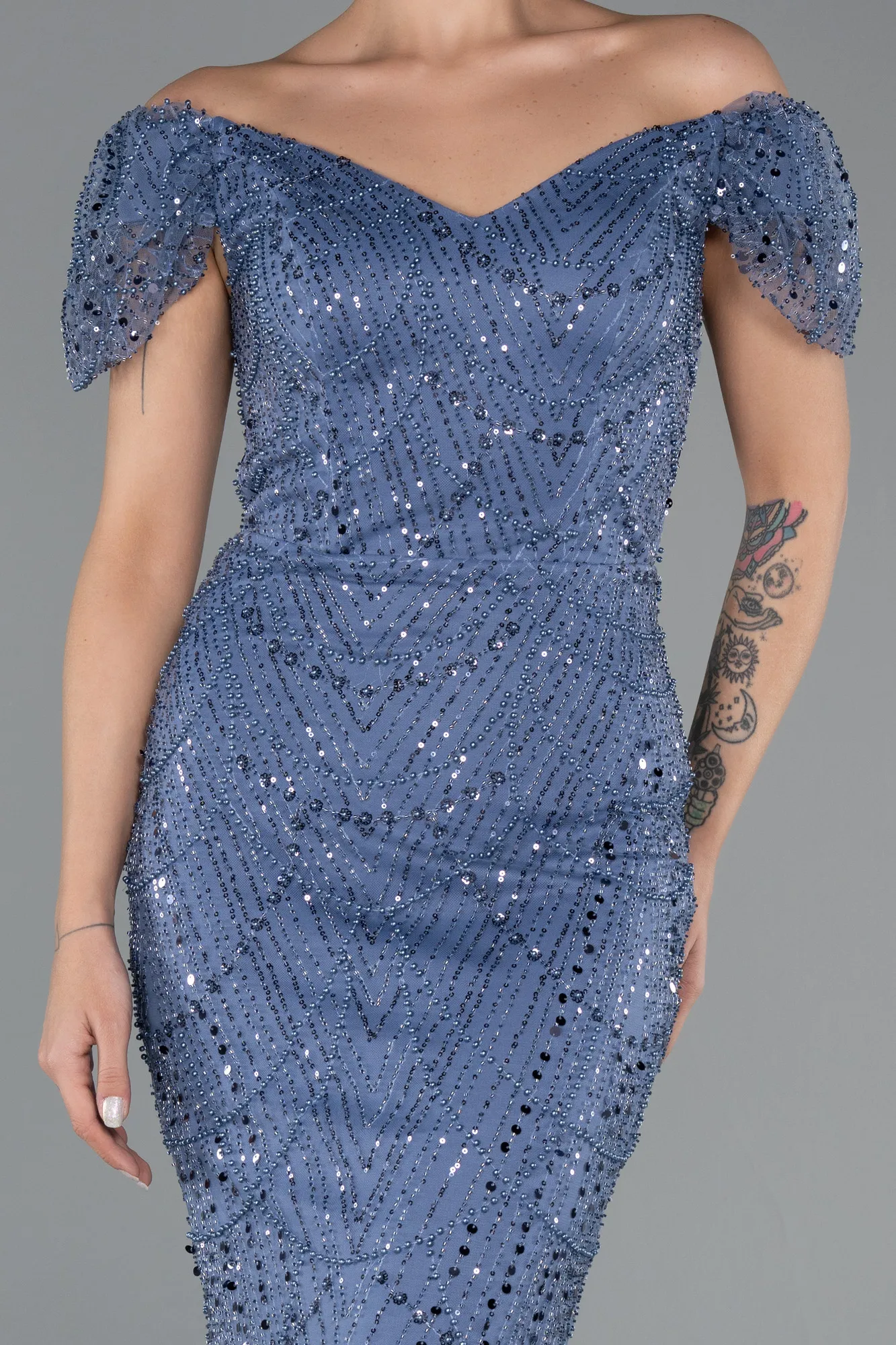 Indigo-Long Beaded Evening Dress ABU5404