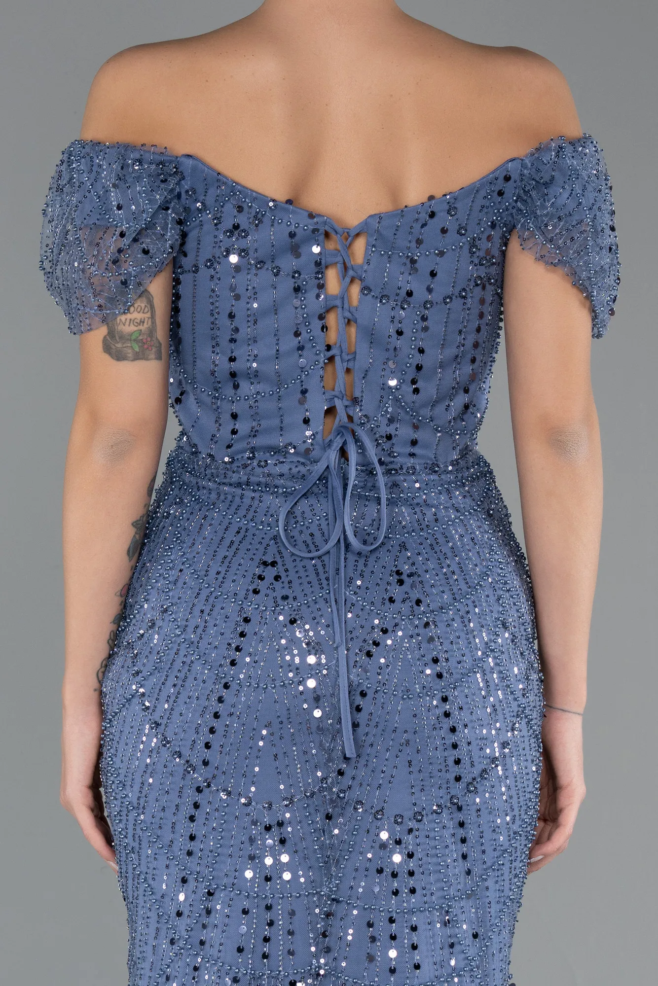 Indigo-Long Beaded Evening Dress ABU5404