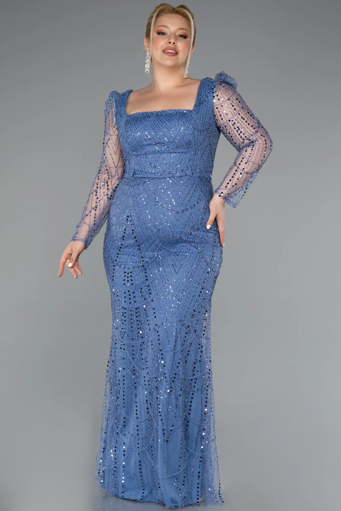Indigo-Long Beaded Plus Size Engagement Dress ABU4761
