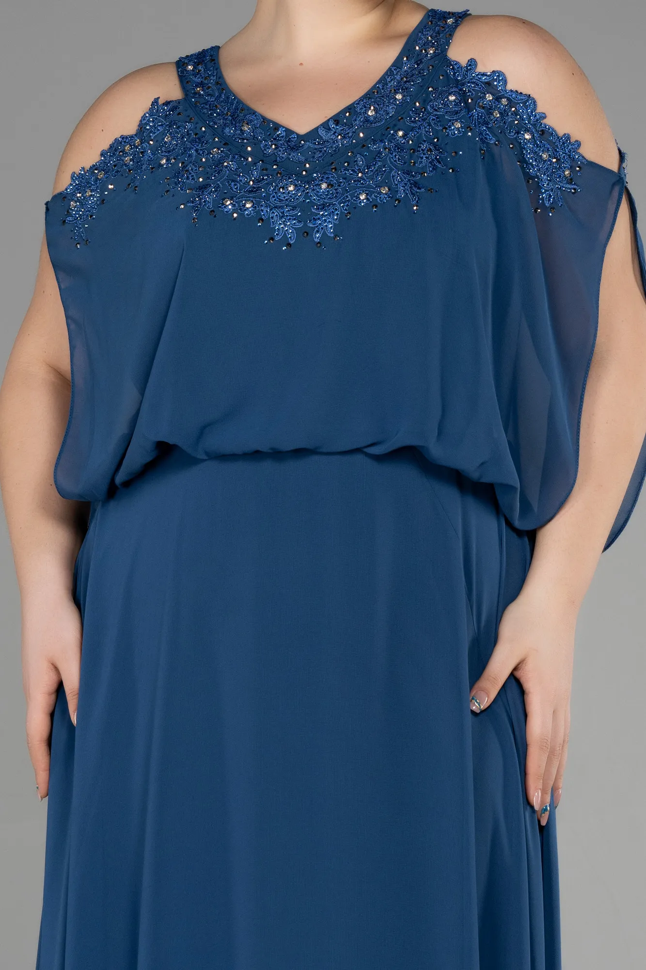 Indigo-Long Chiffon Designer Plus Size Gowns ABU3649