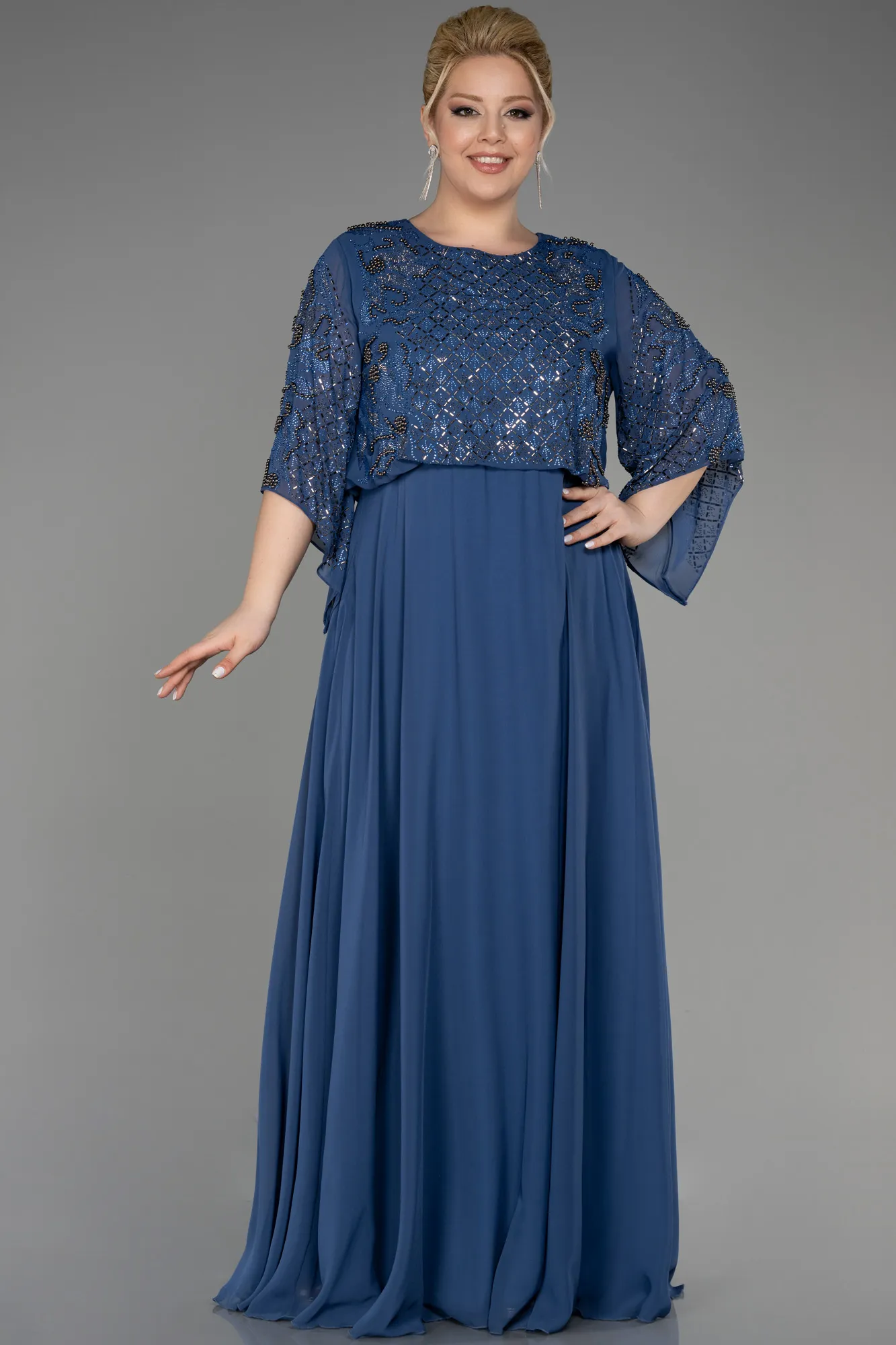 Indigo-Long Chiffon Designer Plus Size Gowns ABU3654