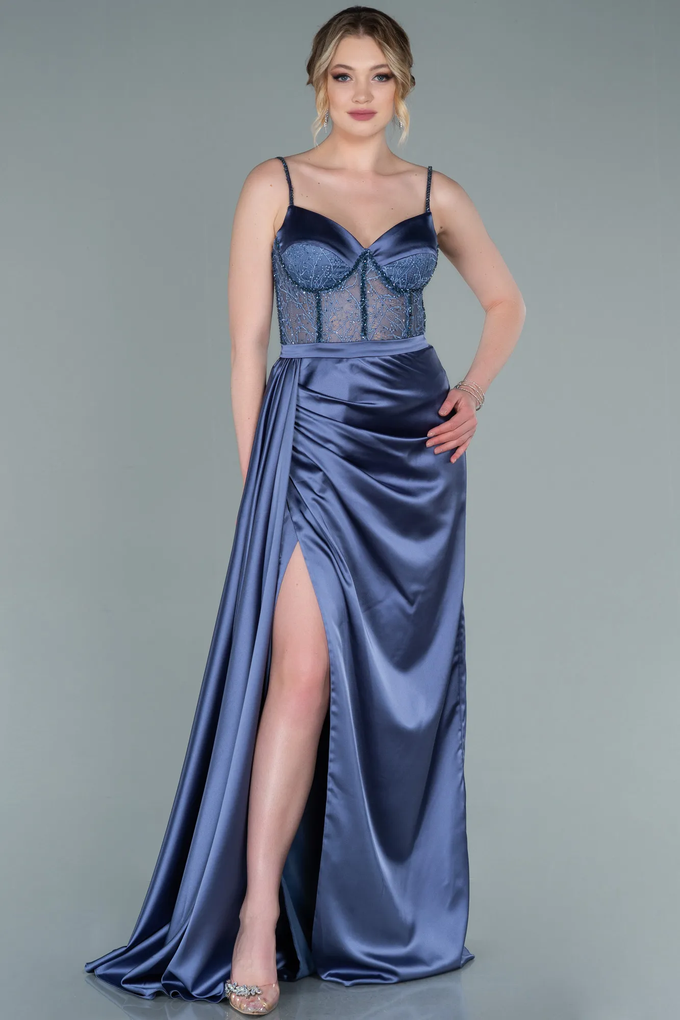 Indigo-Long Satin Evening Dress ABU2130