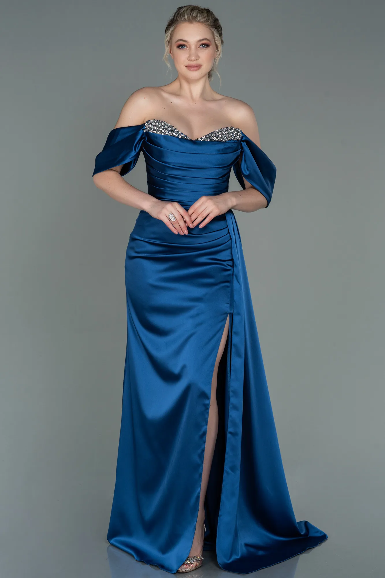 Indigo-Long Satin Evening Dress ABU2661