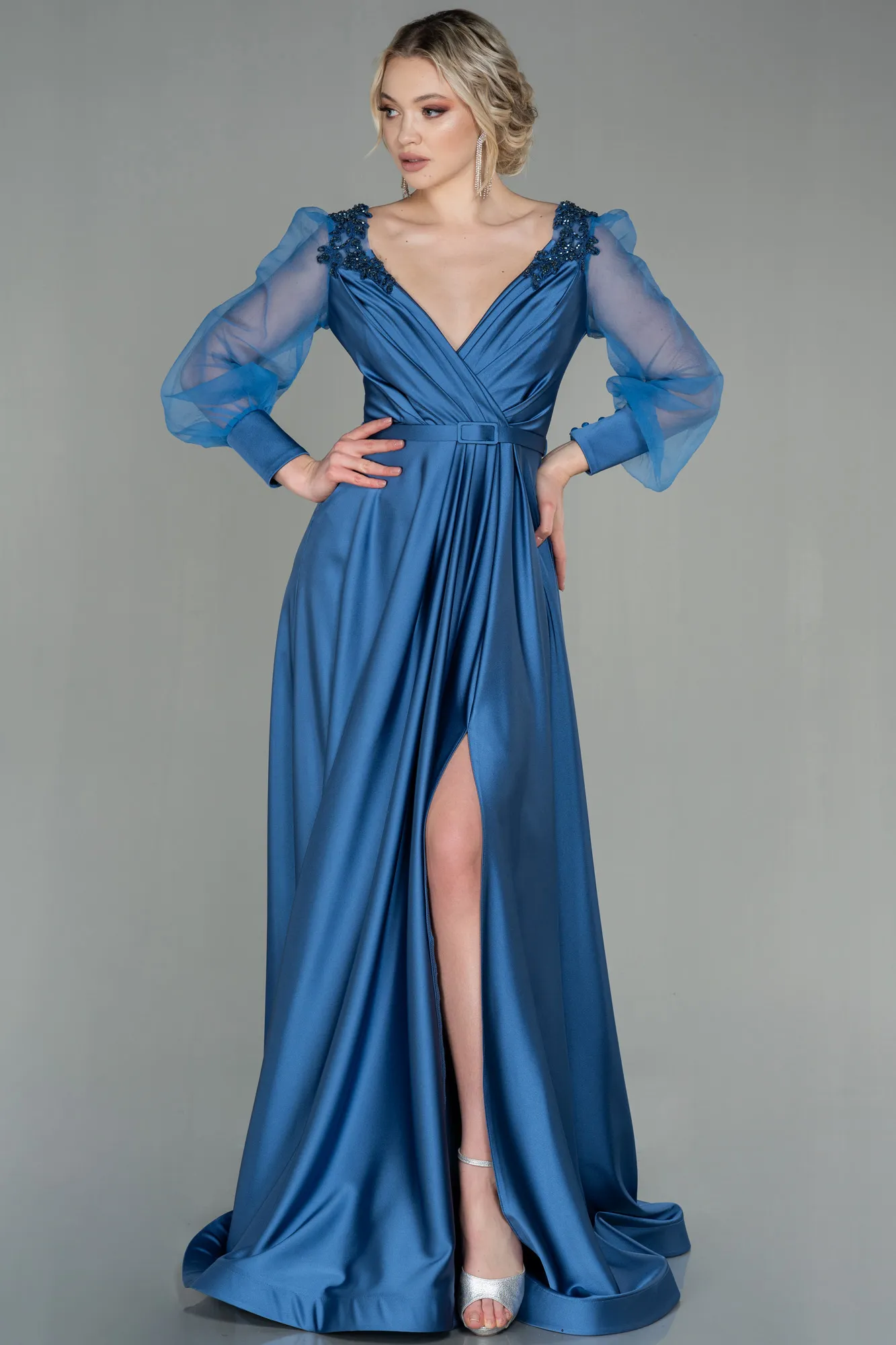 Indigo-Long Satin Evening Dress ABU2830