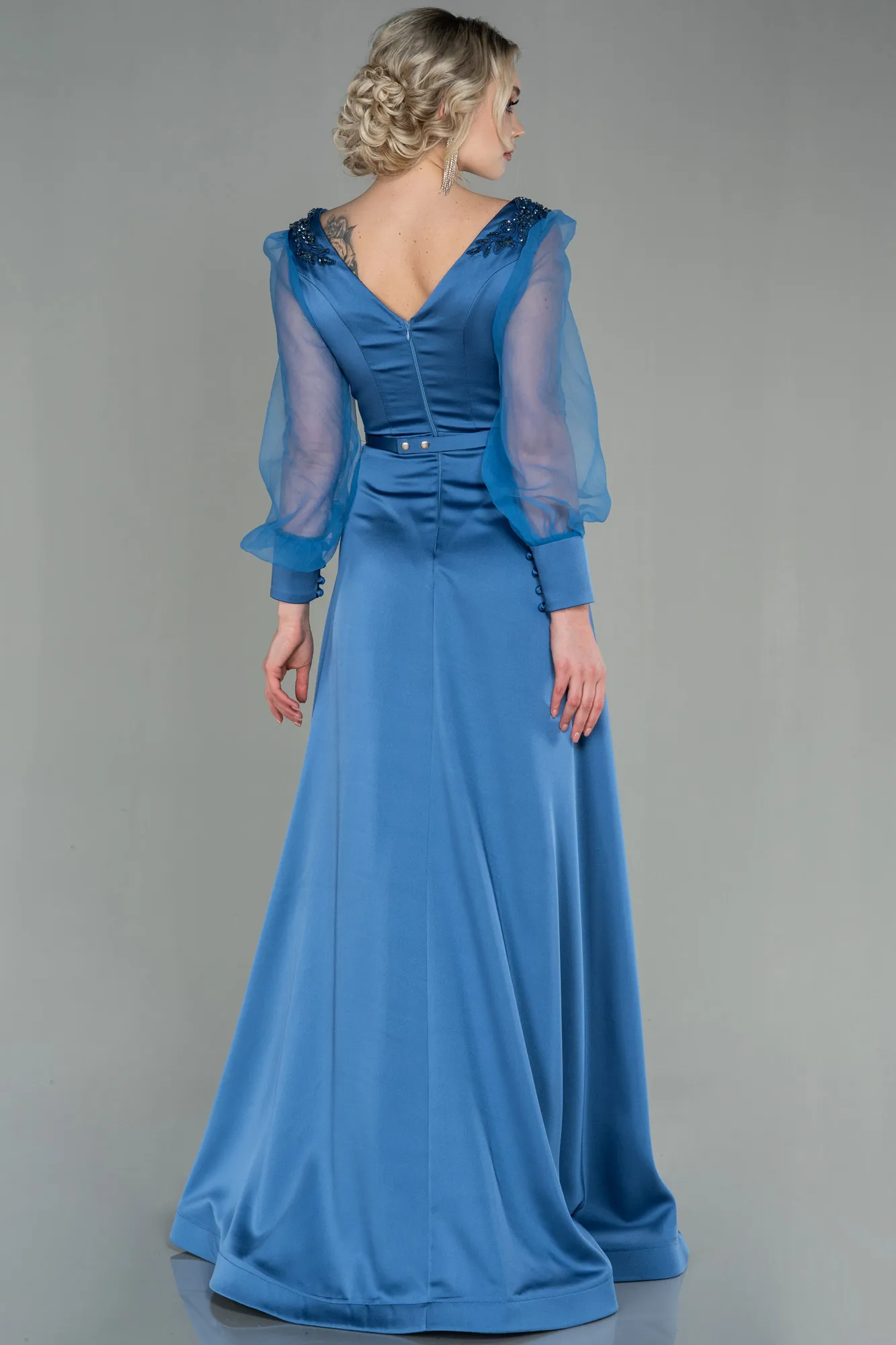 Indigo-Long Satin Evening Dress ABU2830