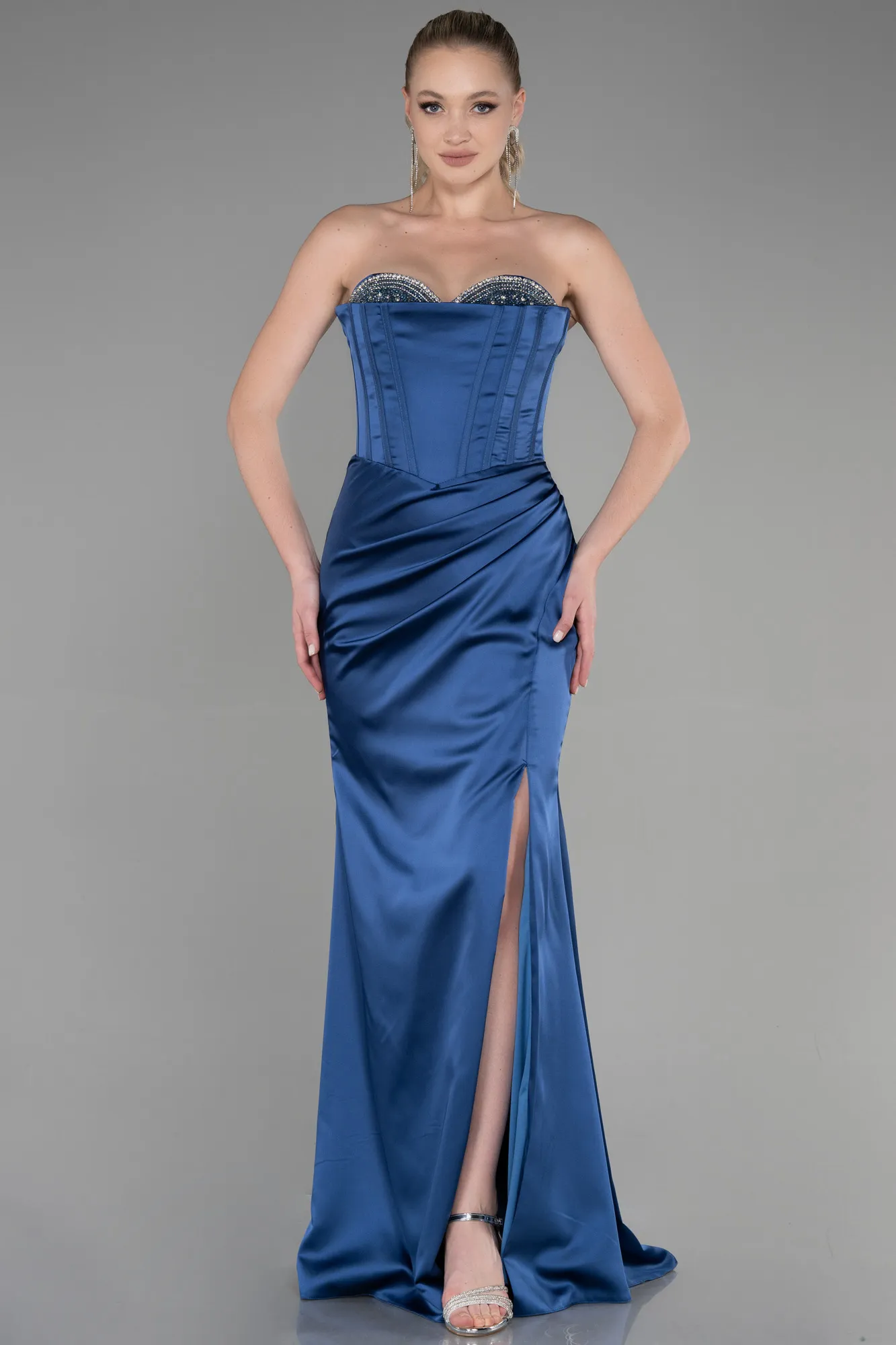 Indigo-Long Satin Evening Dress ABU3248