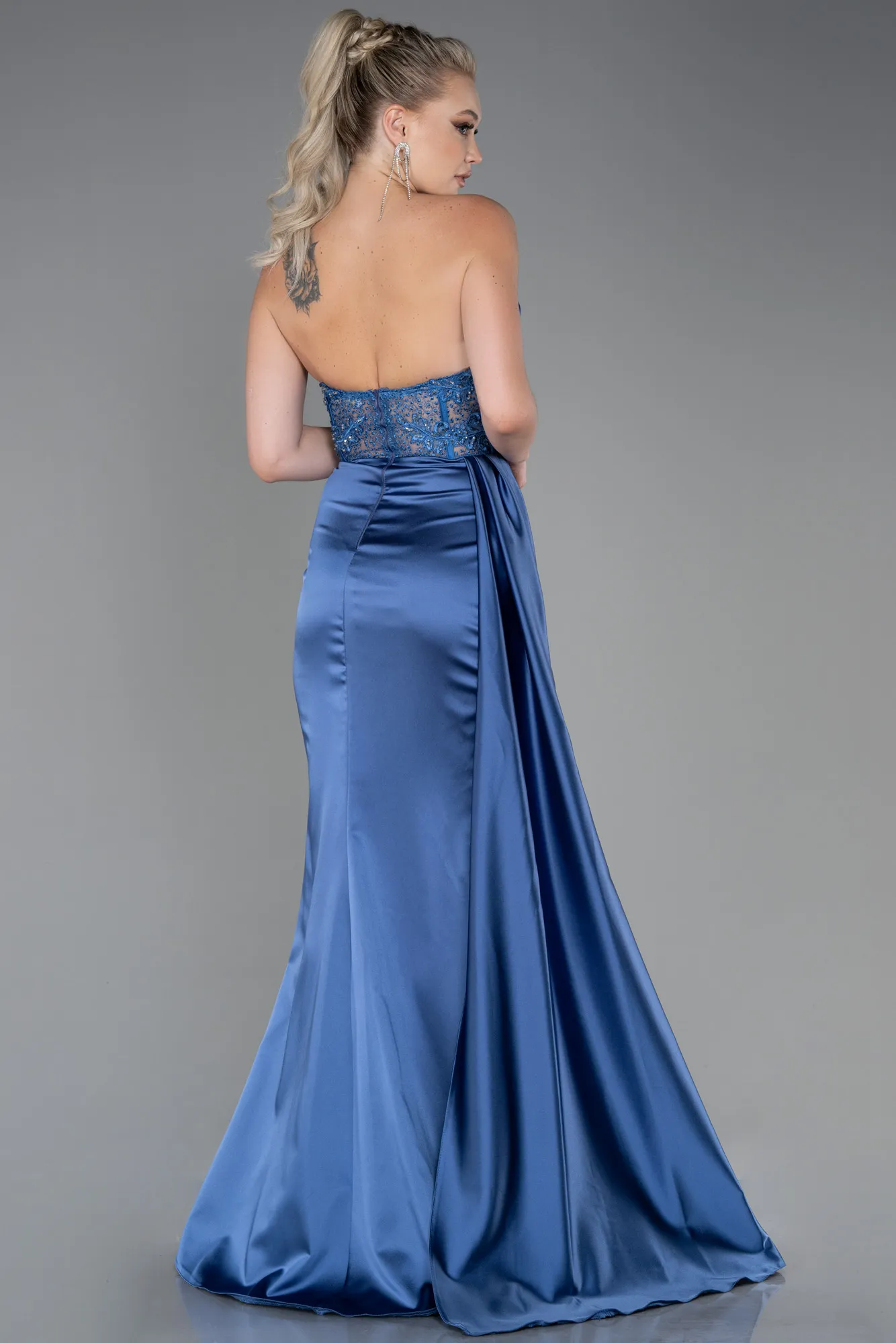 Indigo-Long Satin Evening Dress ABU3447