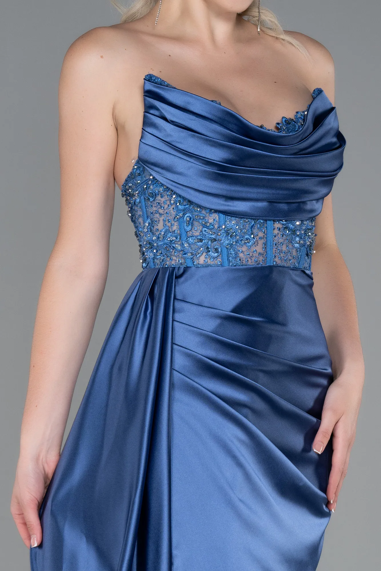 Indigo-Long Satin Evening Dress ABU3447
