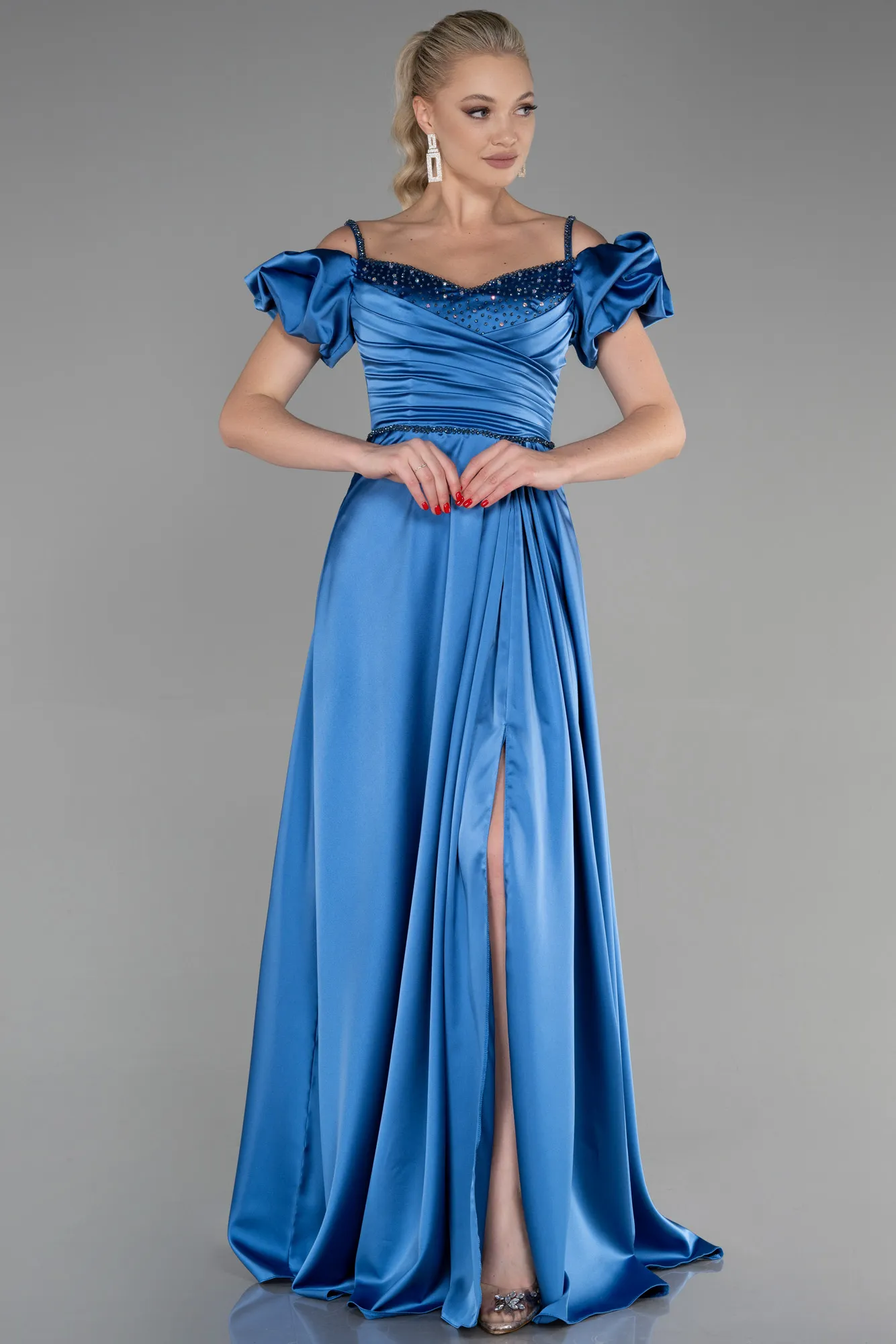 Indigo-Long Satin Evening Dress ABU3457