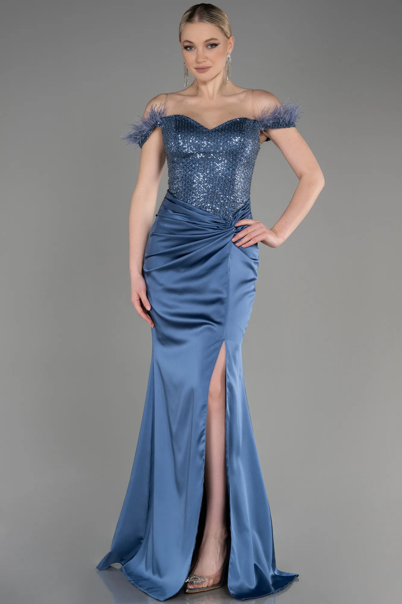 Indigo-Long Satin Evening Dress ABU3806