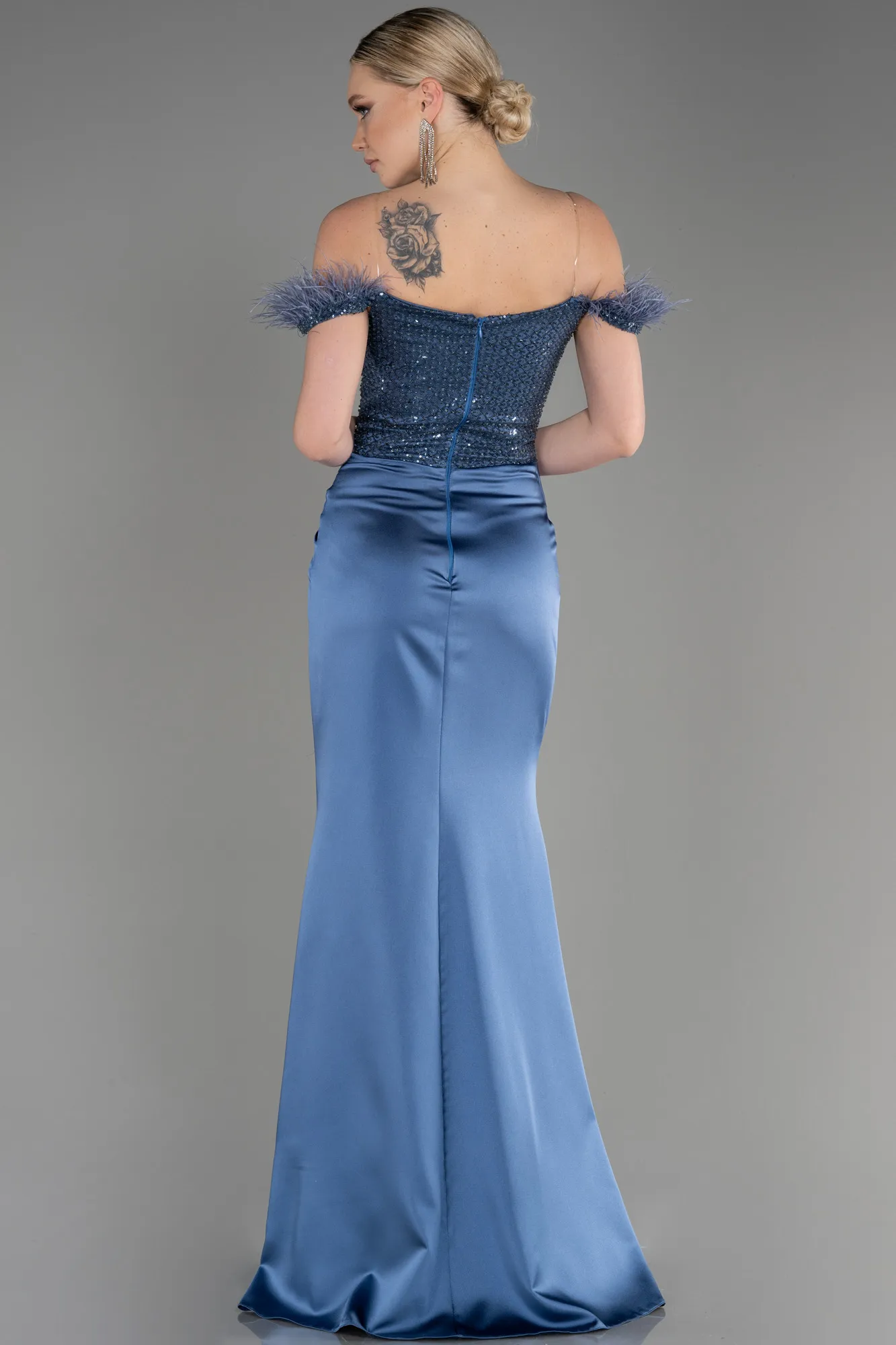 Indigo-Long Satin Evening Dress ABU3806