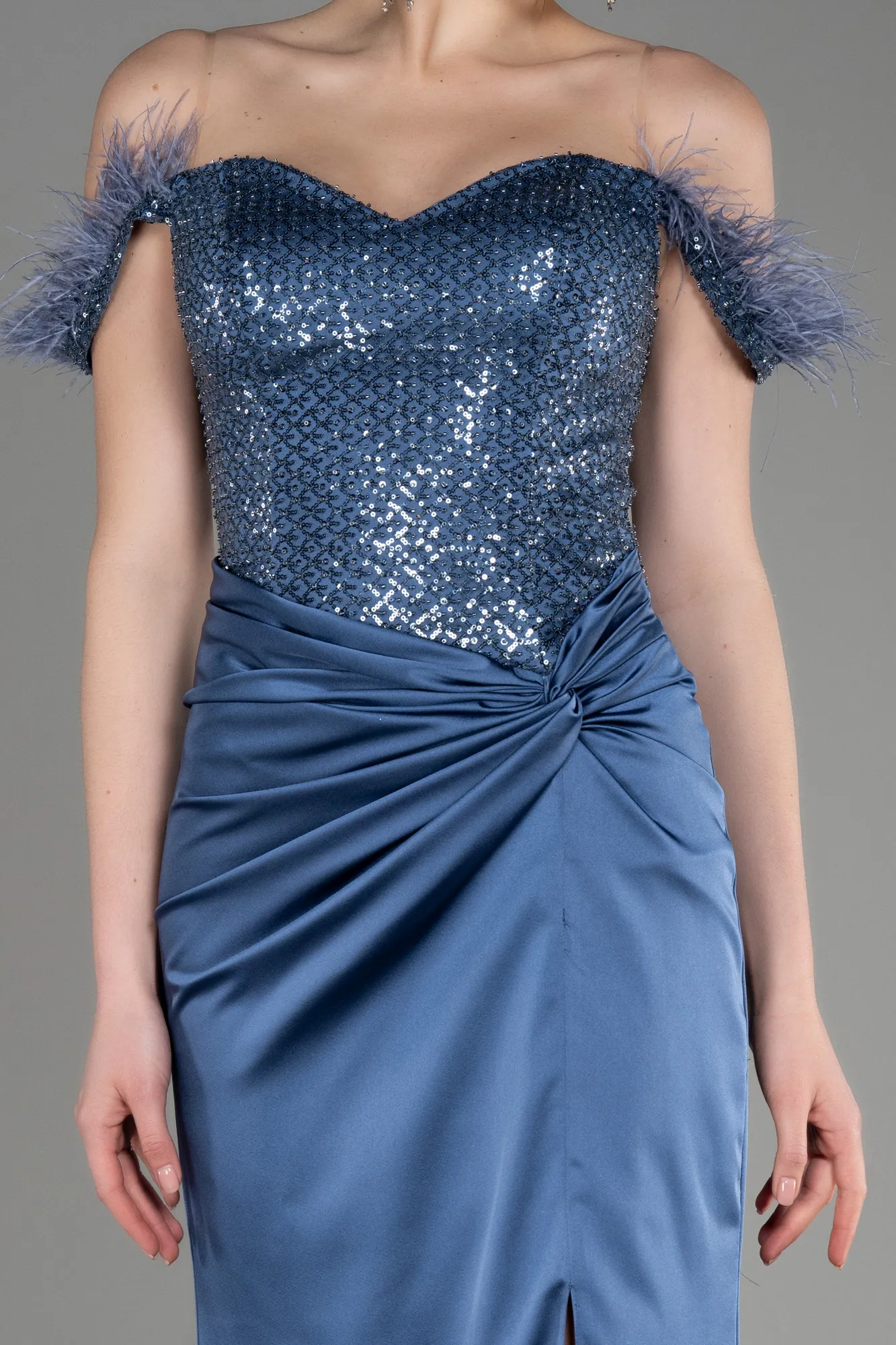 Indigo-Long Satin Evening Dress ABU3806