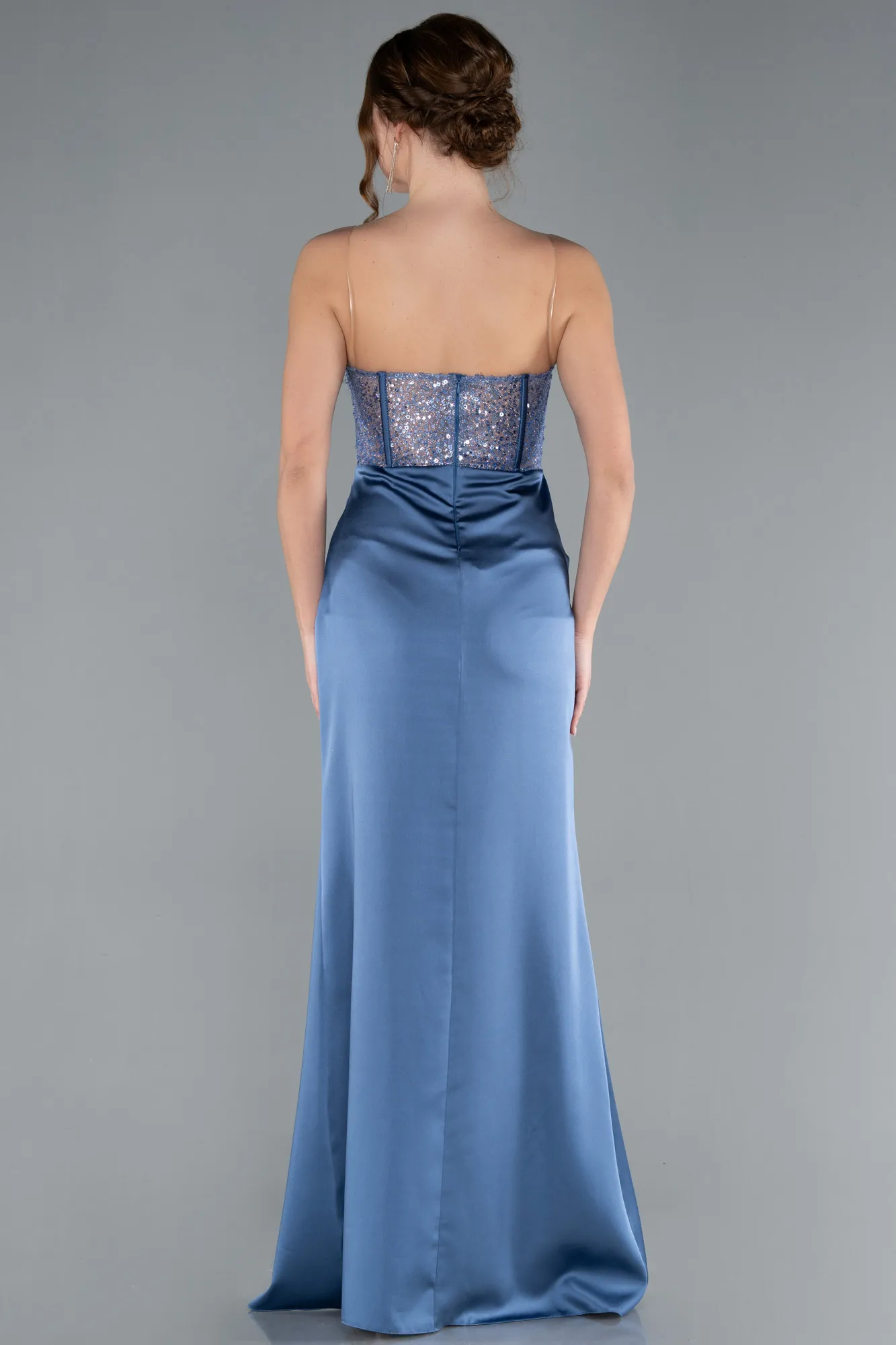 Indigo-Long Satin Evening Dress ABU4568