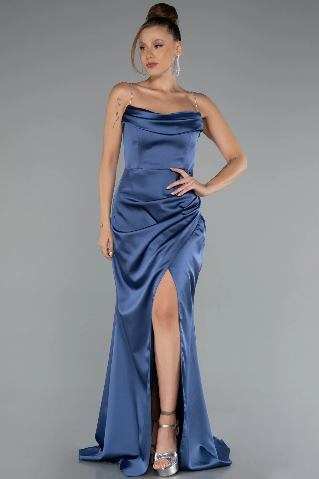 Indigo-Long Satin Mermaid Evening Gown ABU5149
