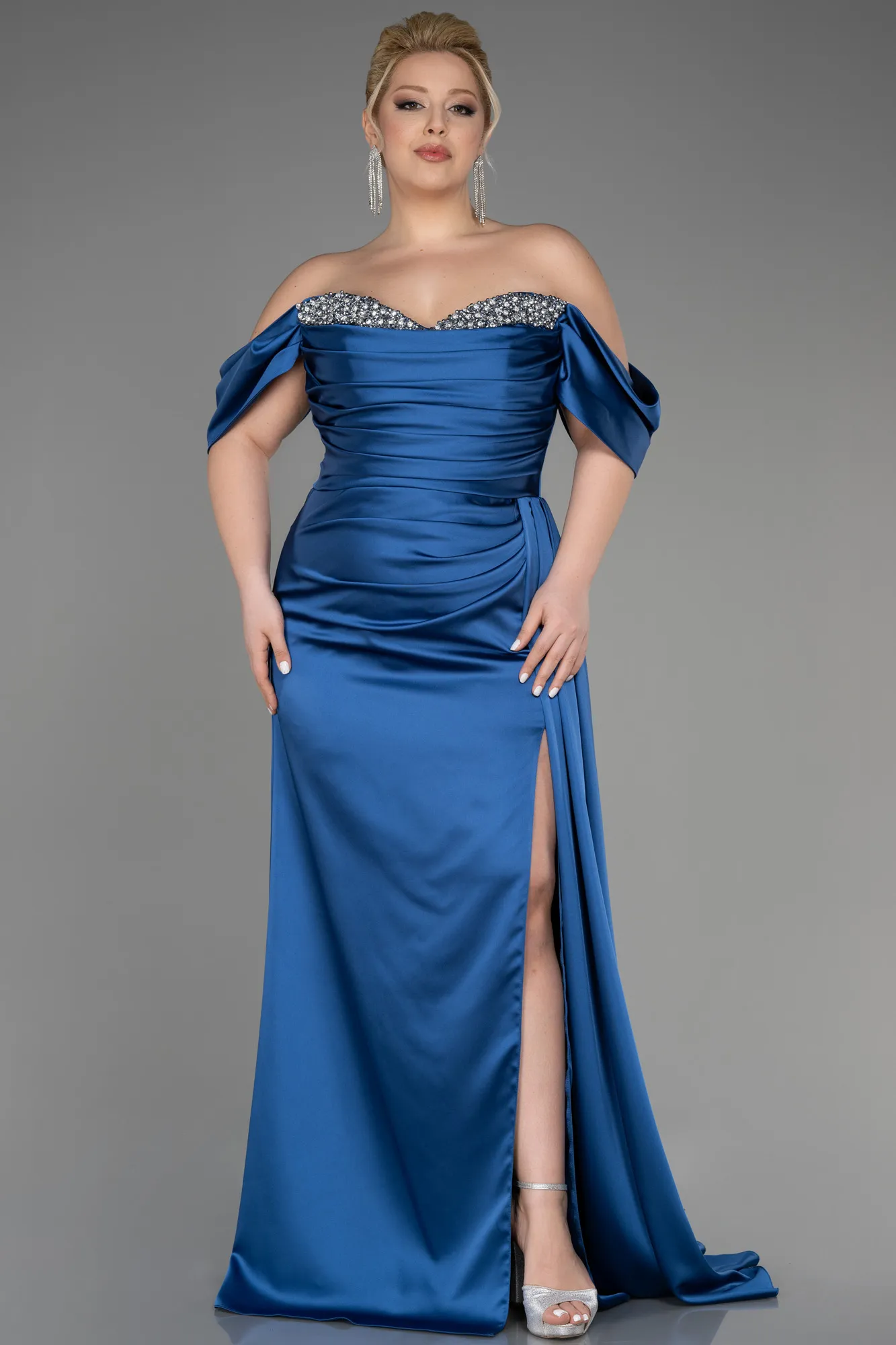 Indigo-Long Satin Plus Size Engagement Dress ABU3655