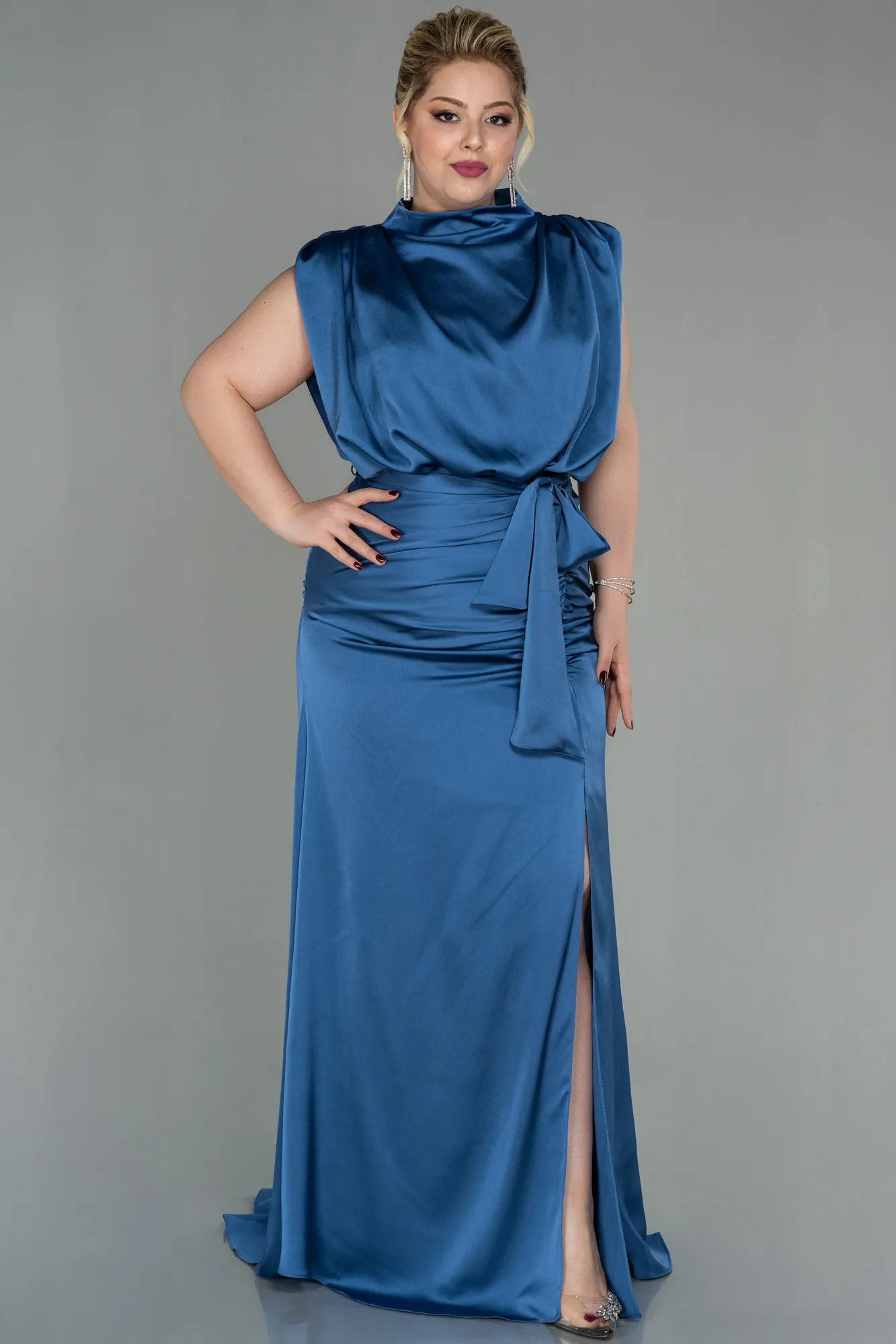Indigo-Long Satin Plus Size Evening Dress ABU2969