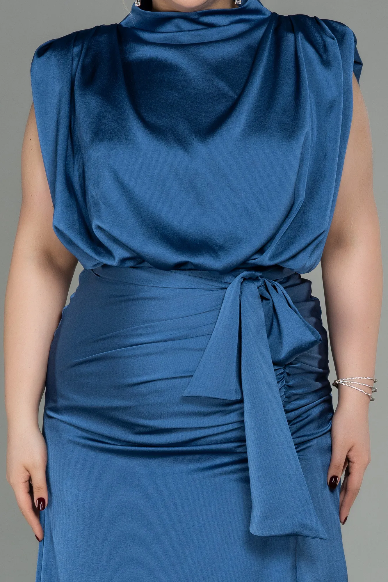 Indigo-Long Satin Plus Size Evening Dress ABU2969