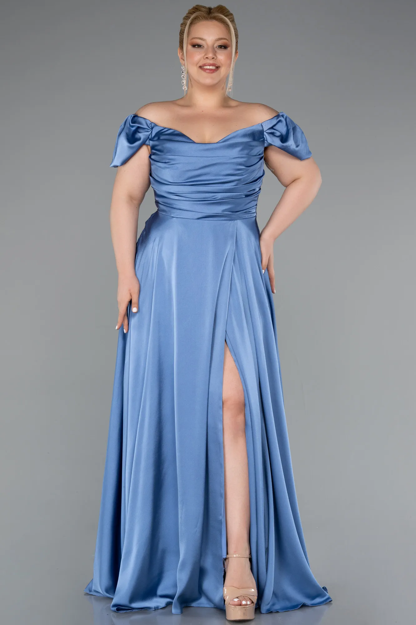 Indigo-Long Satin Plus Size Evening Dress ABU4576