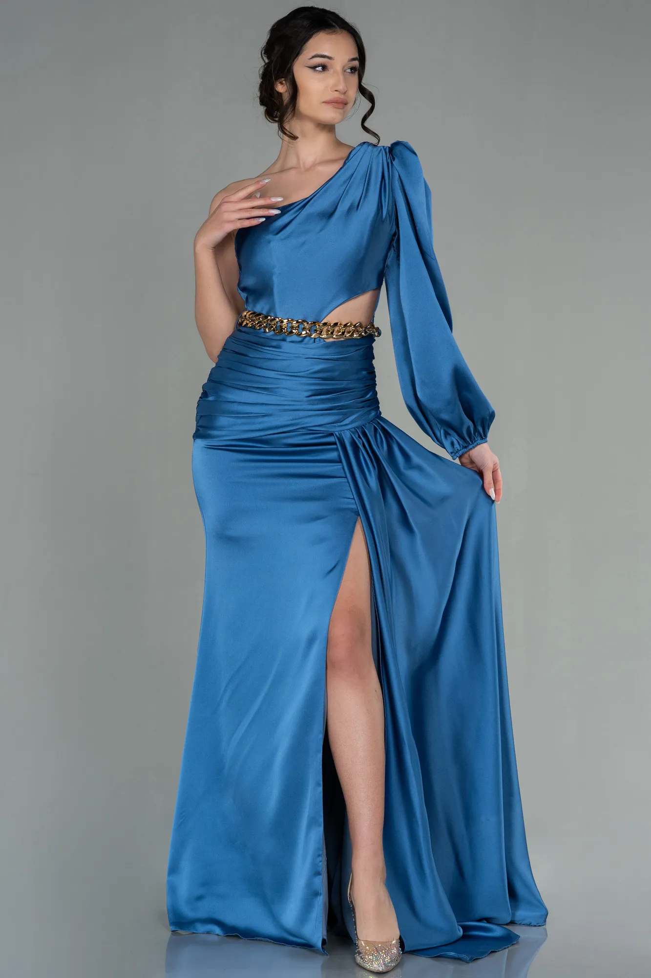 Indigo-Long Satin Prom Gown ABU2625