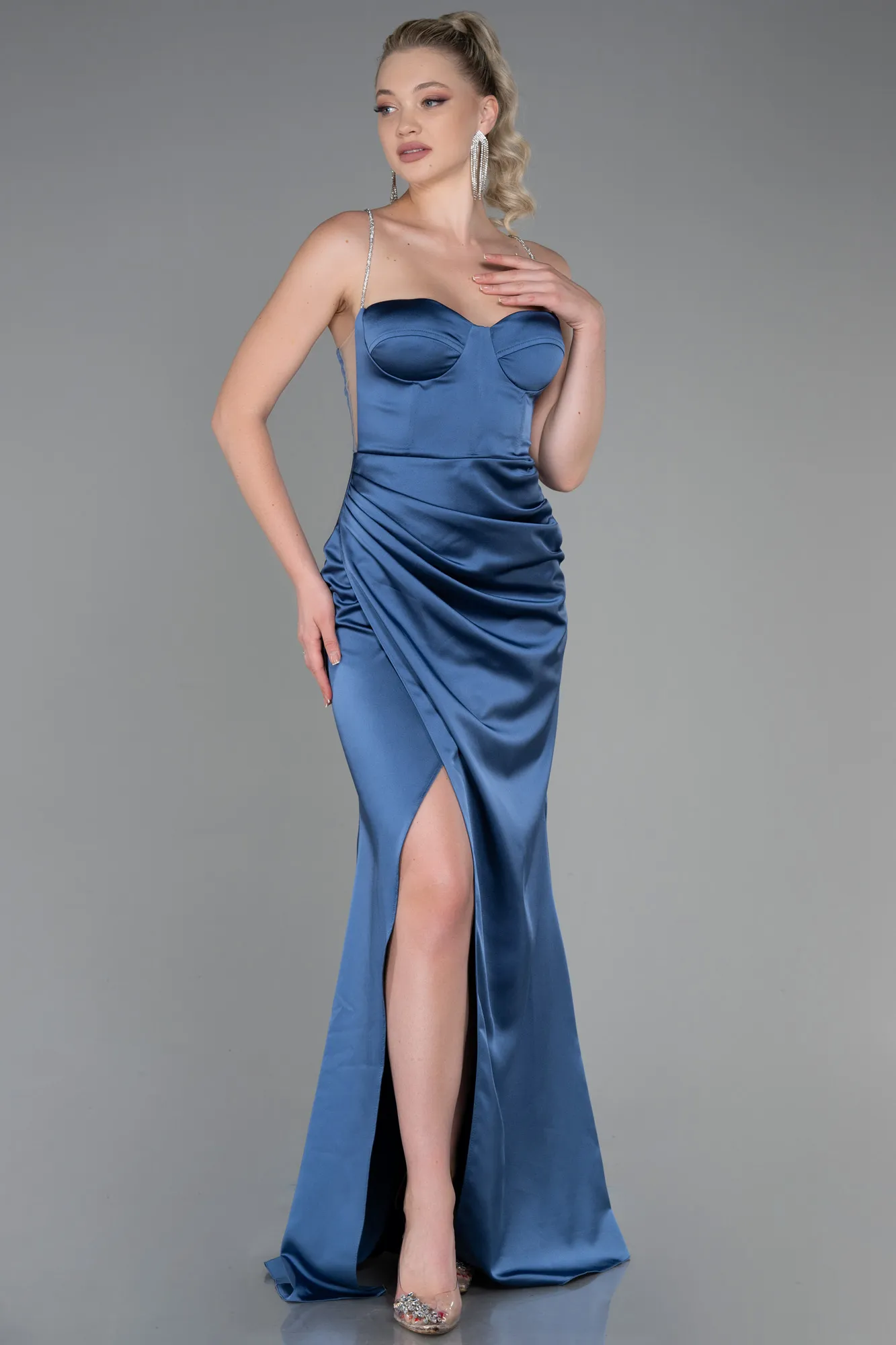Indigo-Long Satin Prom Gown ABU3094