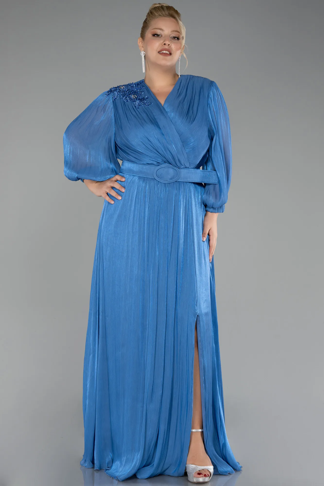 Indigo-Long Sleeve Belted Chiffon Plus Size Evening Dress ABU3871
