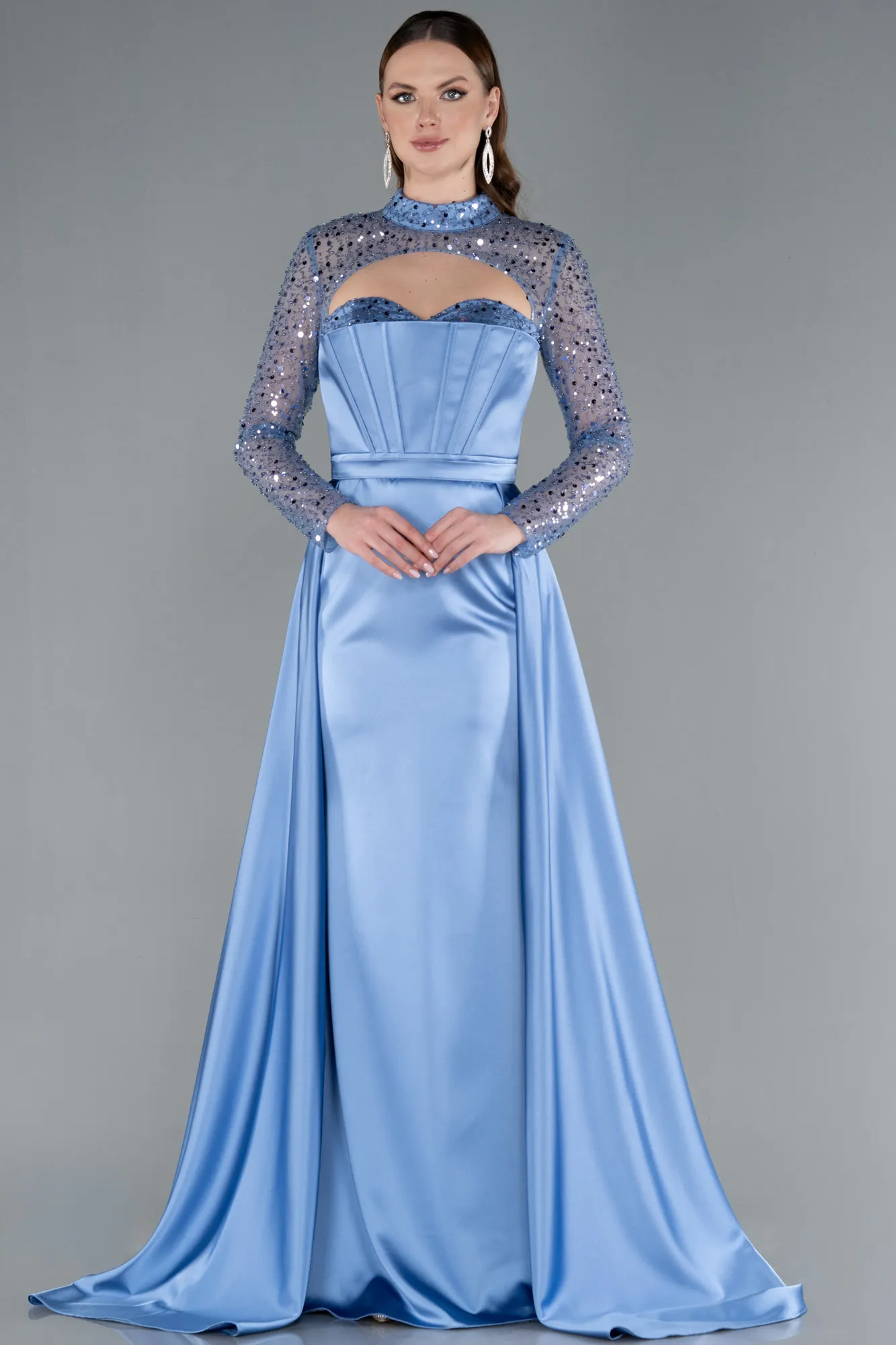 Indigo-Long Sleeve Bustier Detailed Sequin Train Satin Evening Gown ABU4765