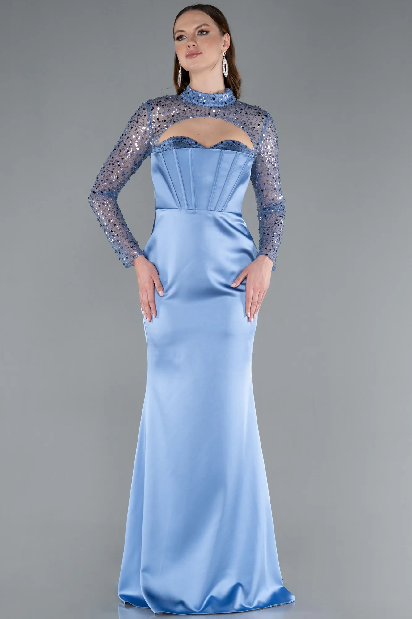 Indigo-Long Sleeve Bustier Detailed Sequin Train Satin Evening Gown ABU4765