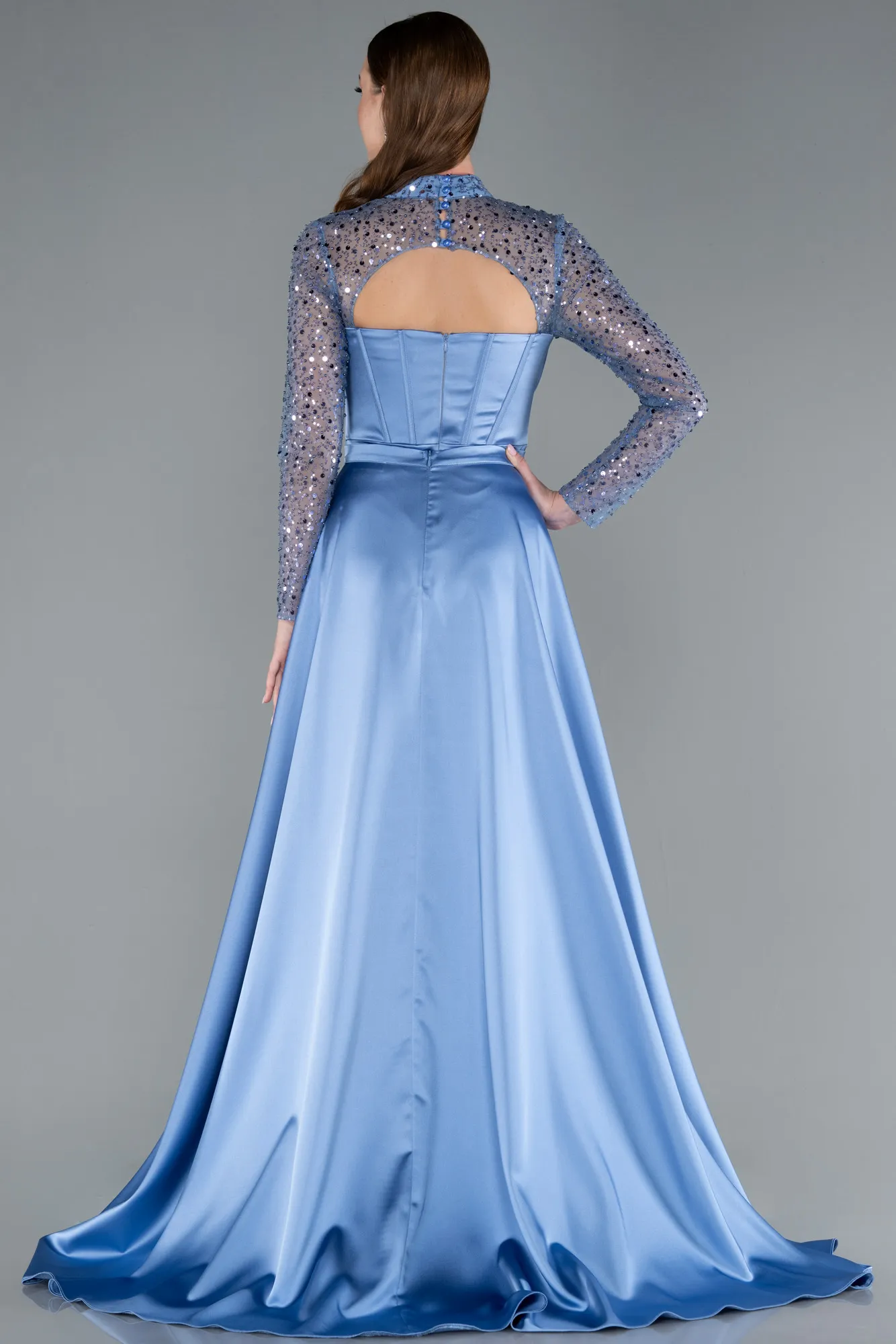Indigo-Long Sleeve Bustier Detailed Sequin Train Satin Evening Gown ABU4765