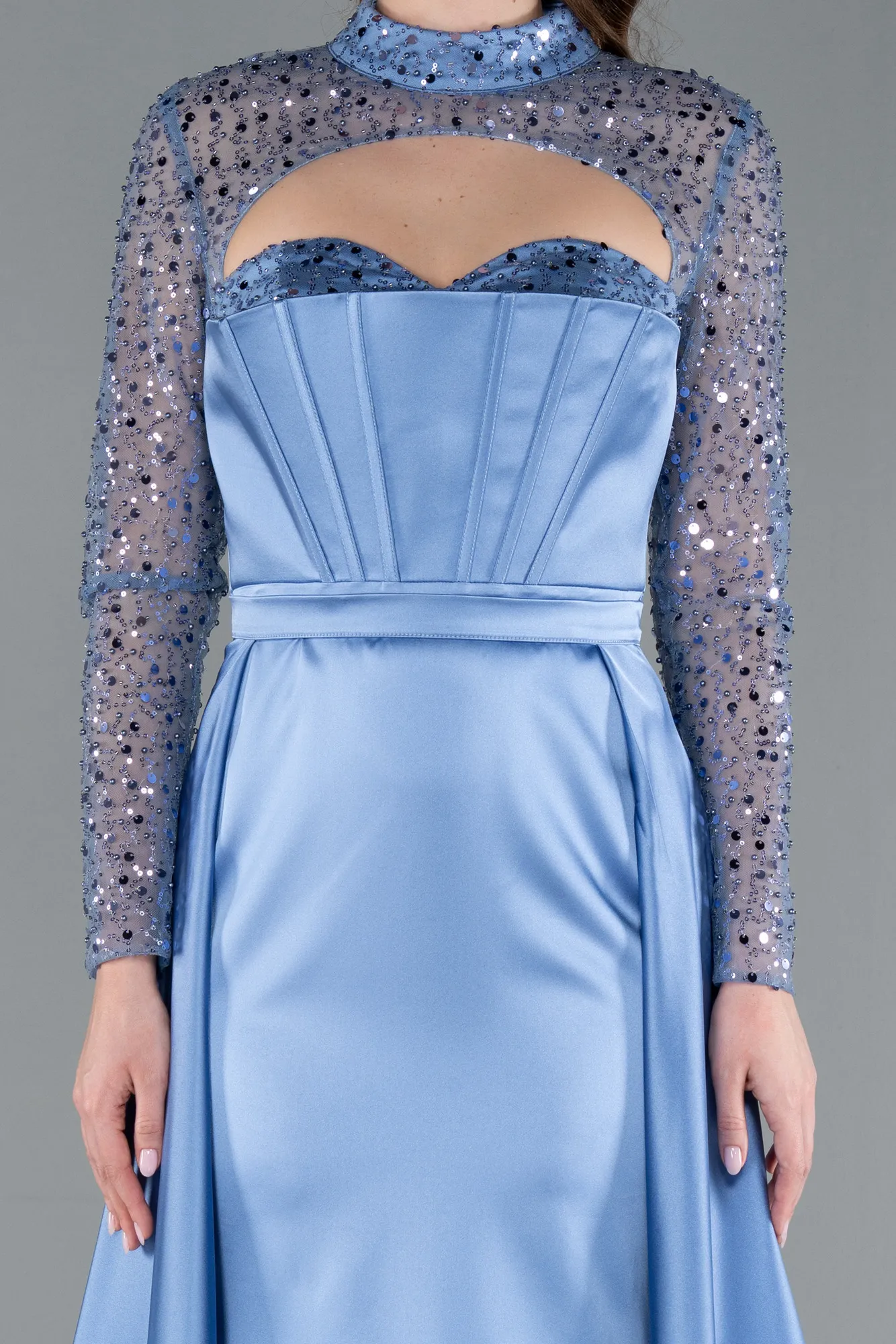 Indigo-Long Sleeve Bustier Detailed Sequin Train Satin Evening Gown ABU4765