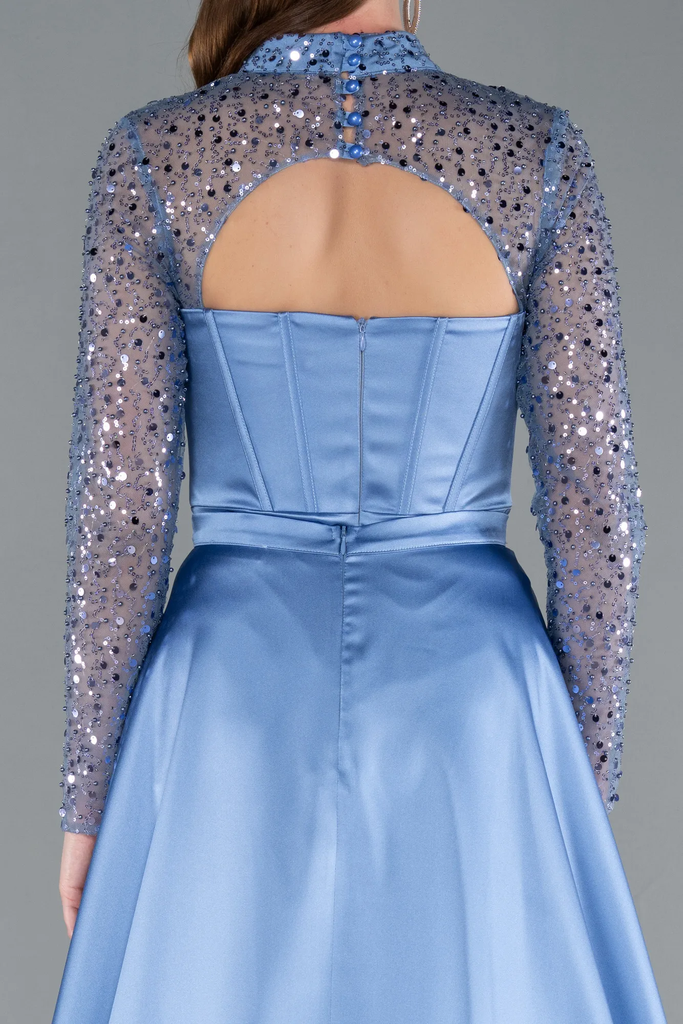 Indigo-Long Sleeve Bustier Detailed Sequin Train Satin Evening Gown ABU4765