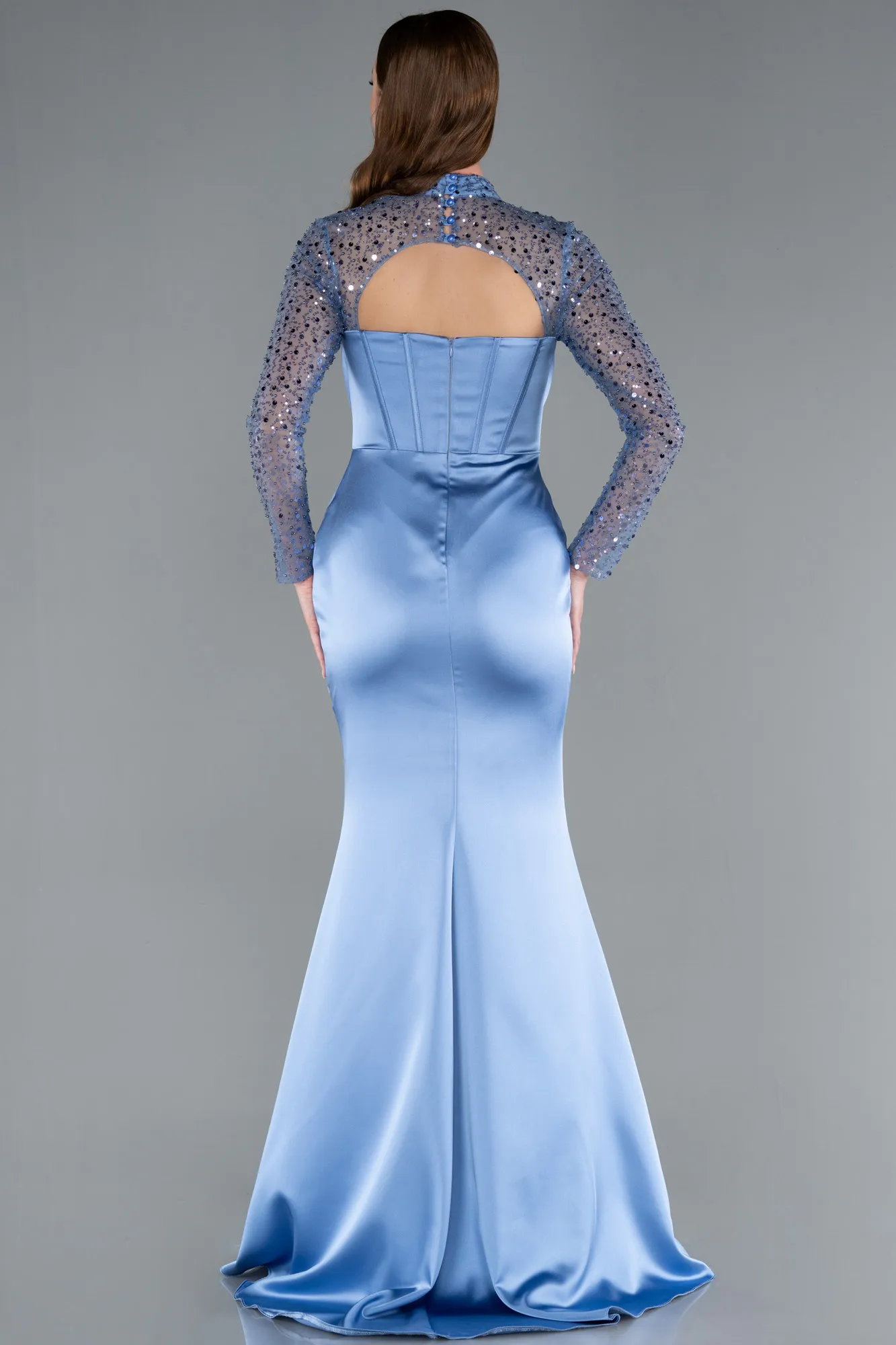 Indigo-Long Sleeve Bustier Detailed Sequin Train Satin Evening Gown ABU4765