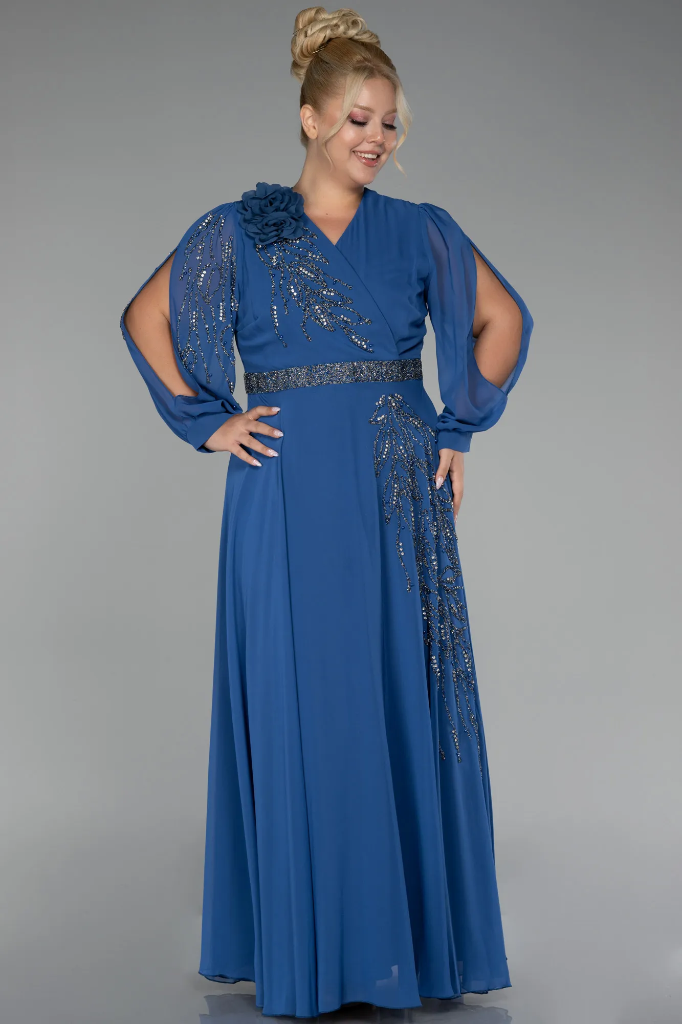 Indigo-Long Sleeve Stone Chiffon Plus Size Evening Dress ABU3917
