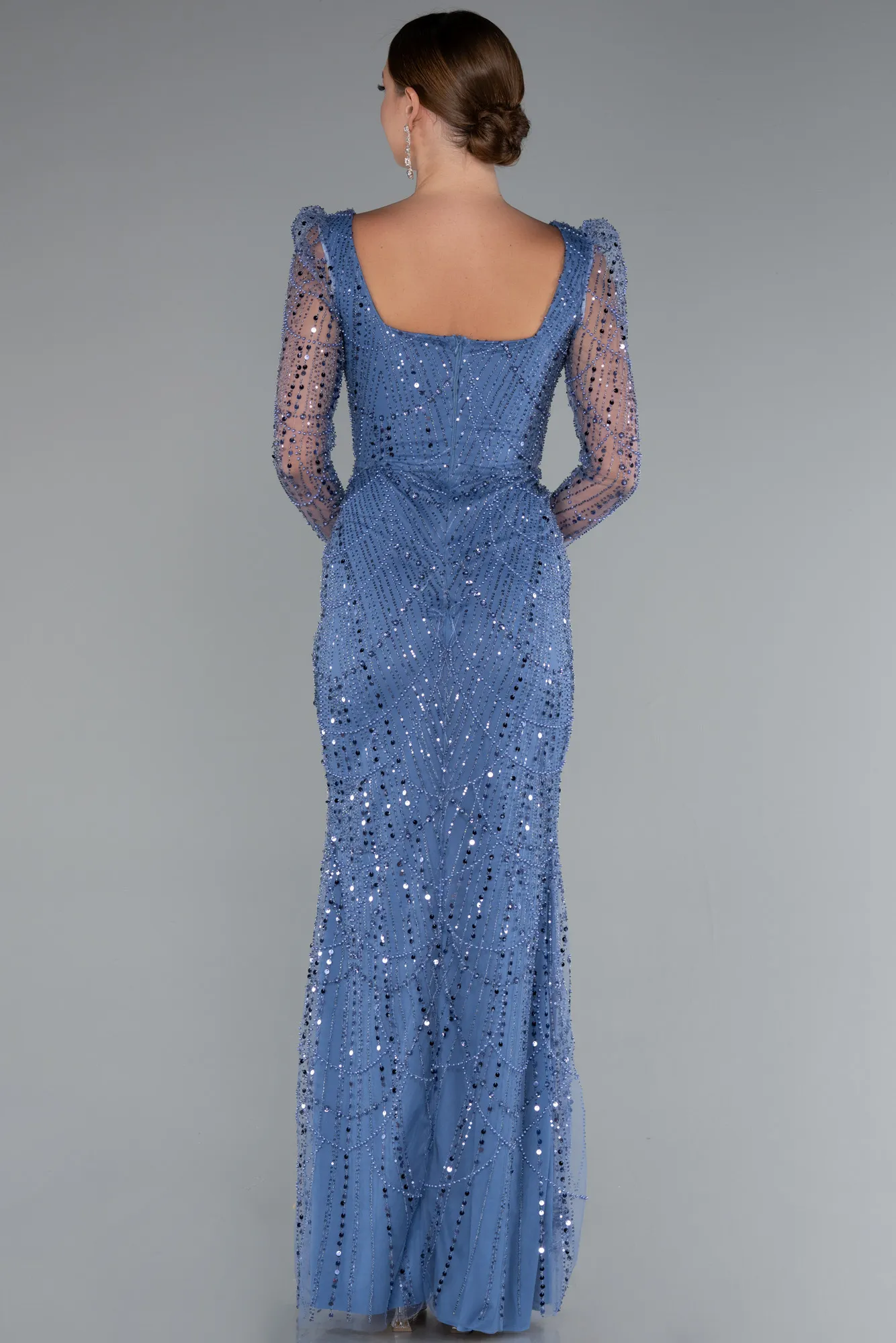 Indigo-Long Sleeve Stone Embellished Satin Train Evening Dress ABU4603