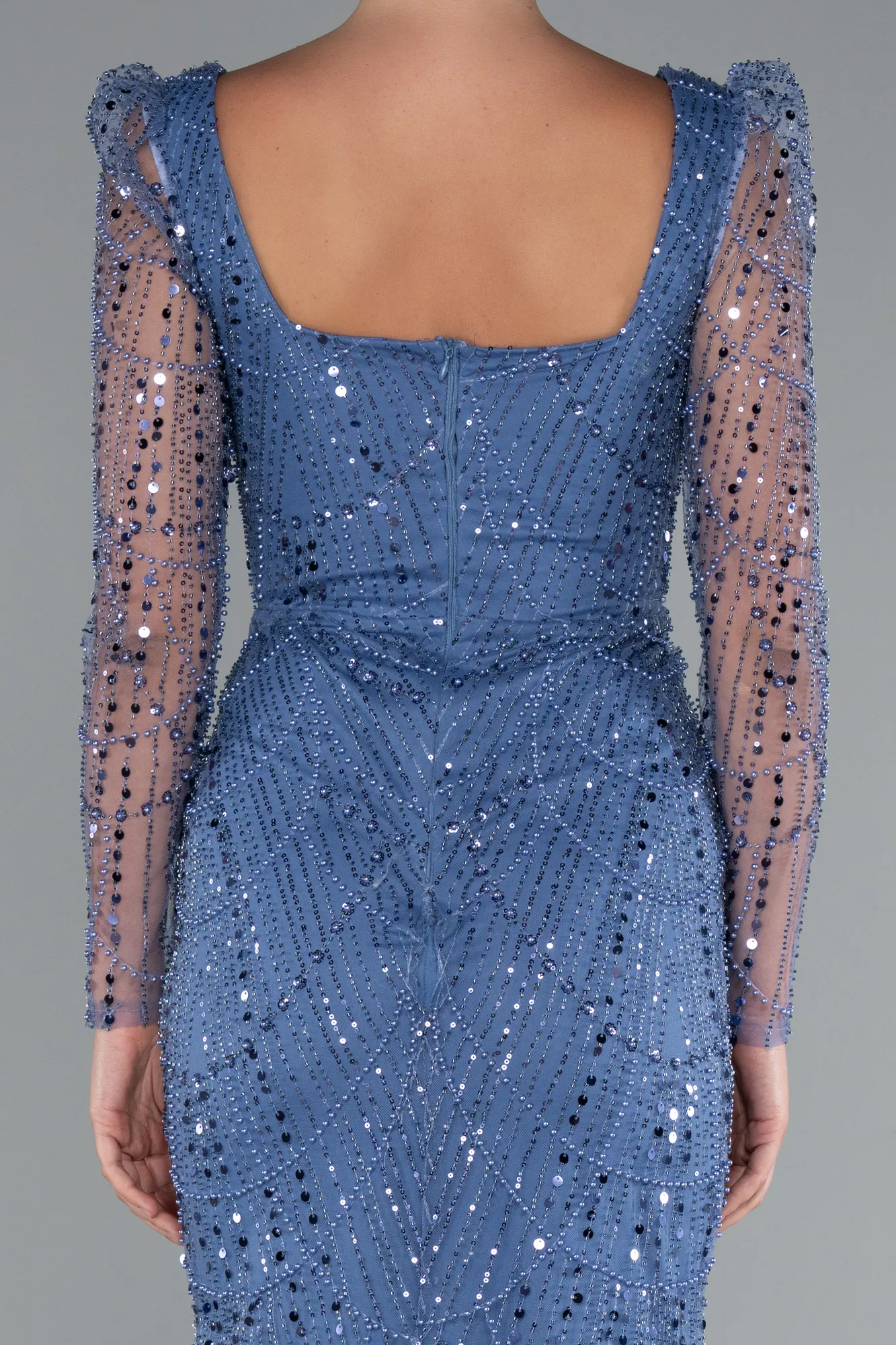 Indigo-Long Sleeve Stone Embellished Satin Train Evening Dress ABU4603