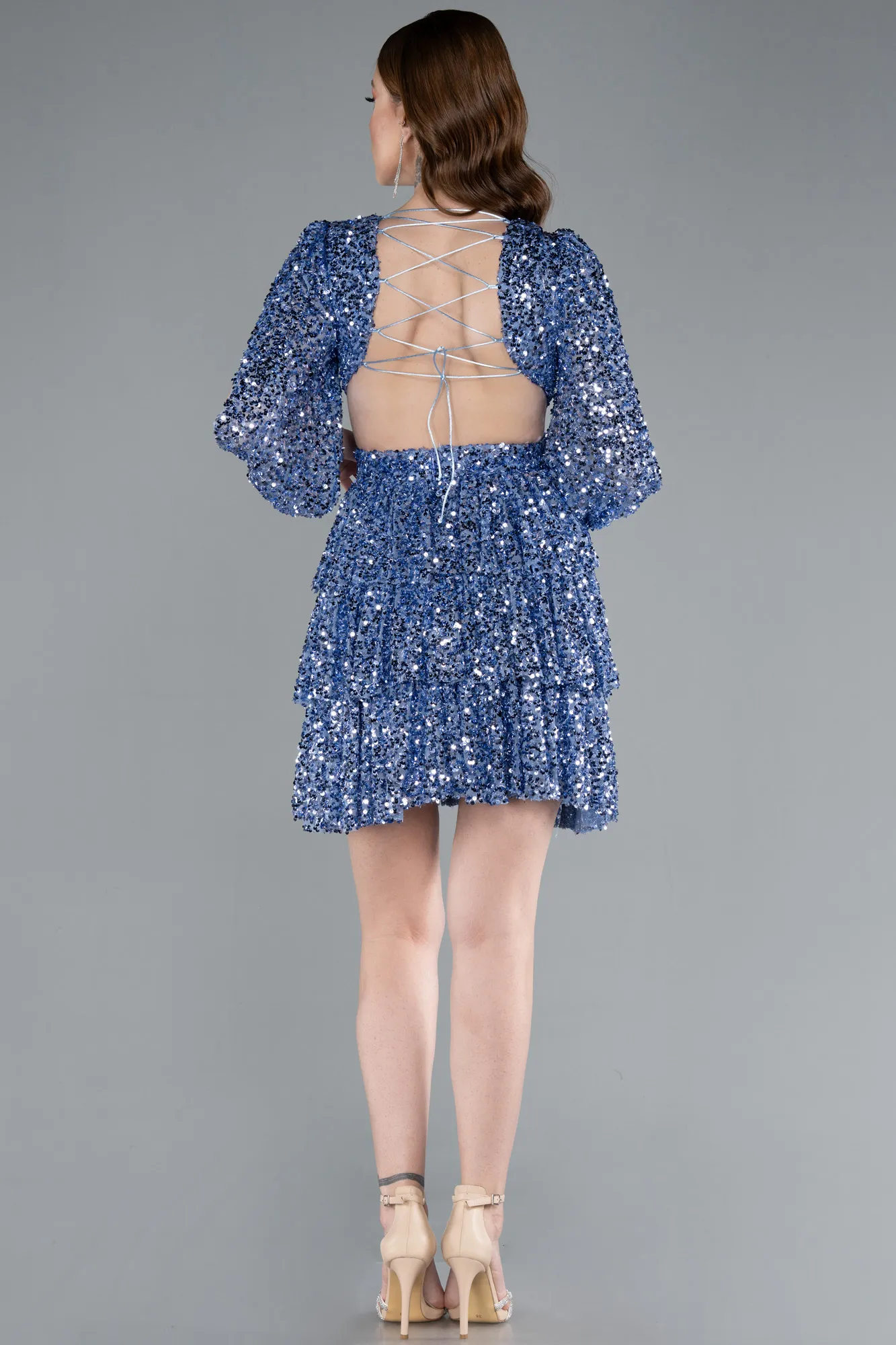 Indigo-Long Sleeve V Neck Sequined Short Evening Dress ABK2282