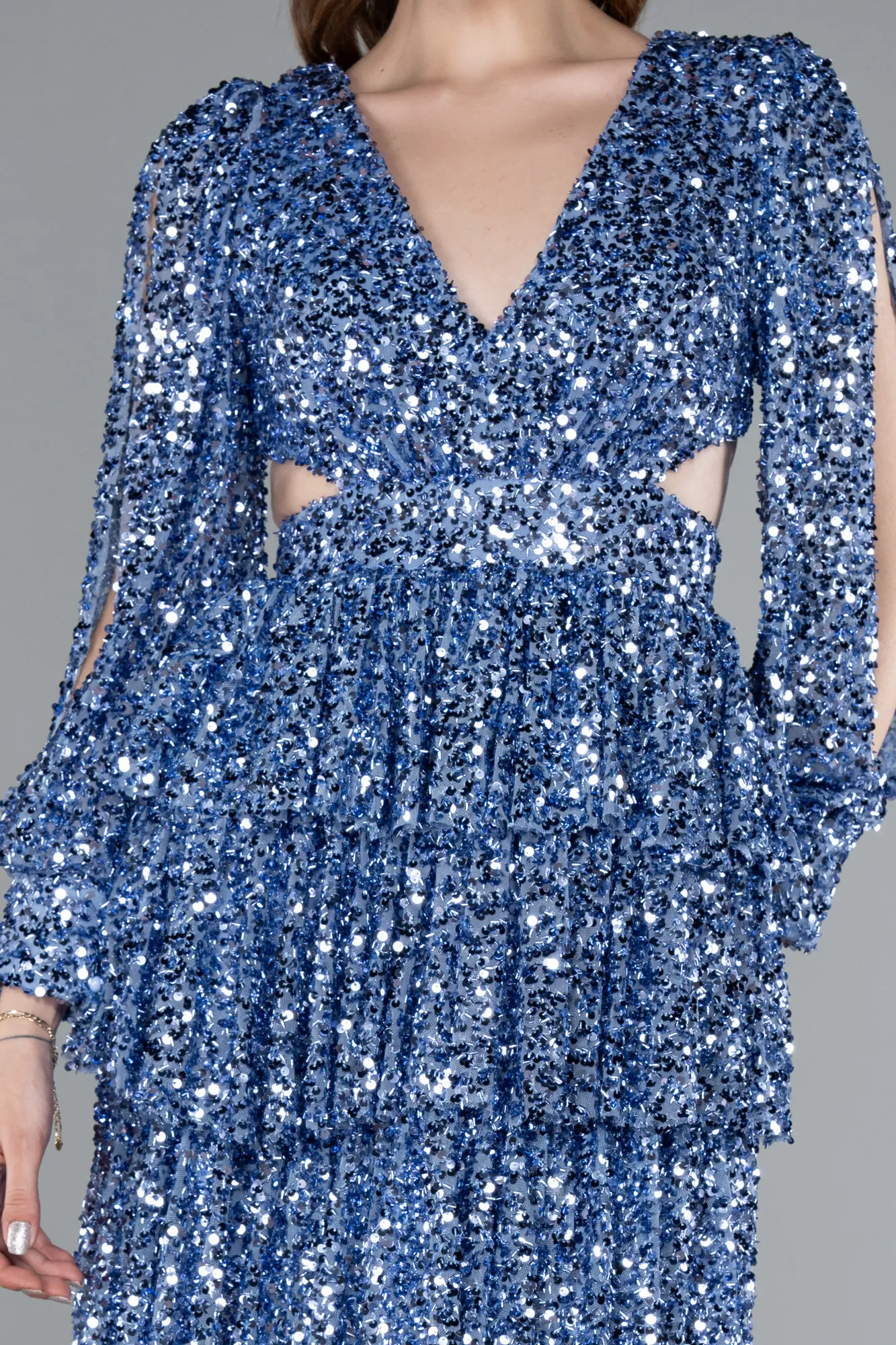Indigo-Long Sleeve V Neck Sequined Short Evening Dress ABK2282