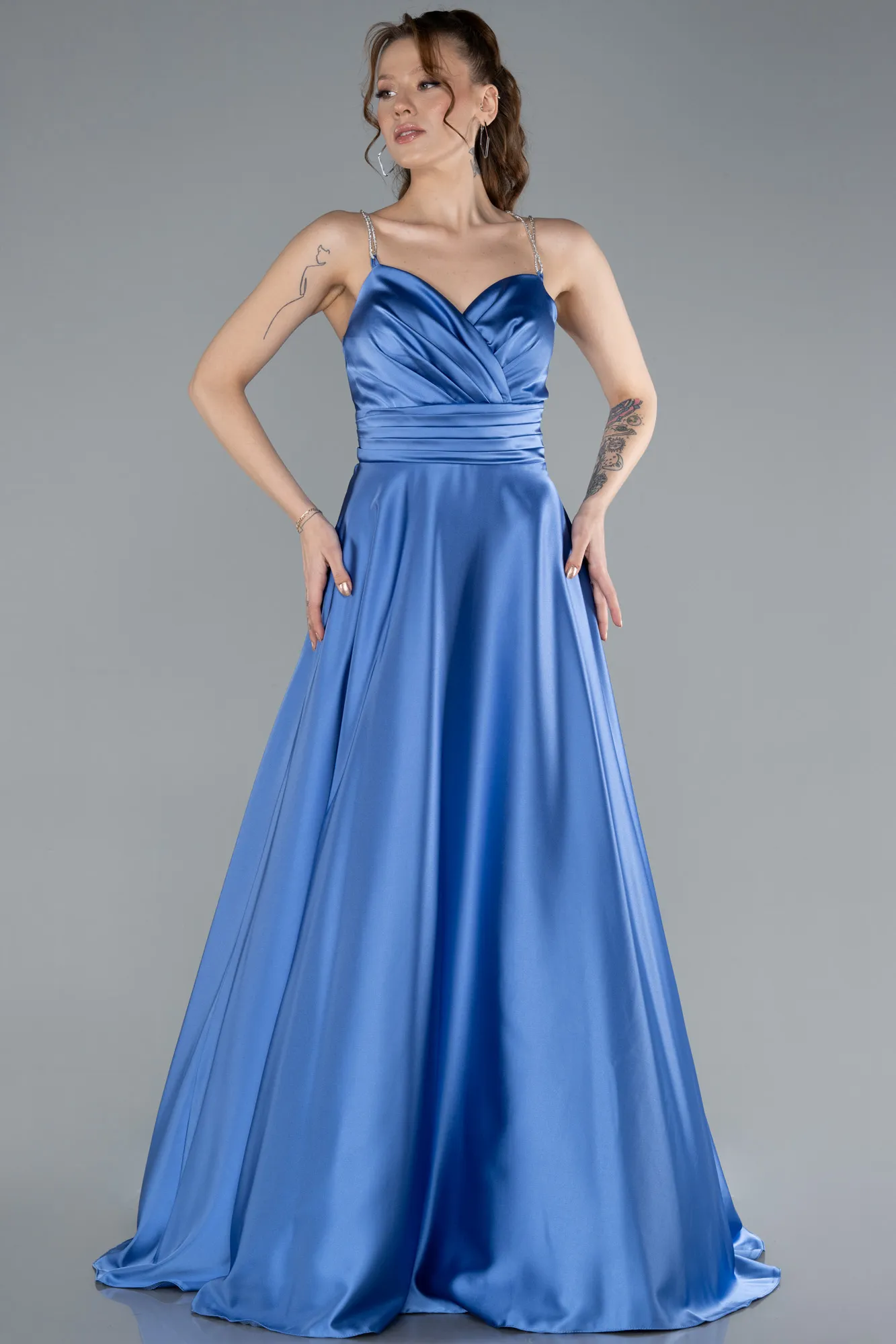 Indigo-Low Cut Back Long Satin Prom Dress ABU4702
