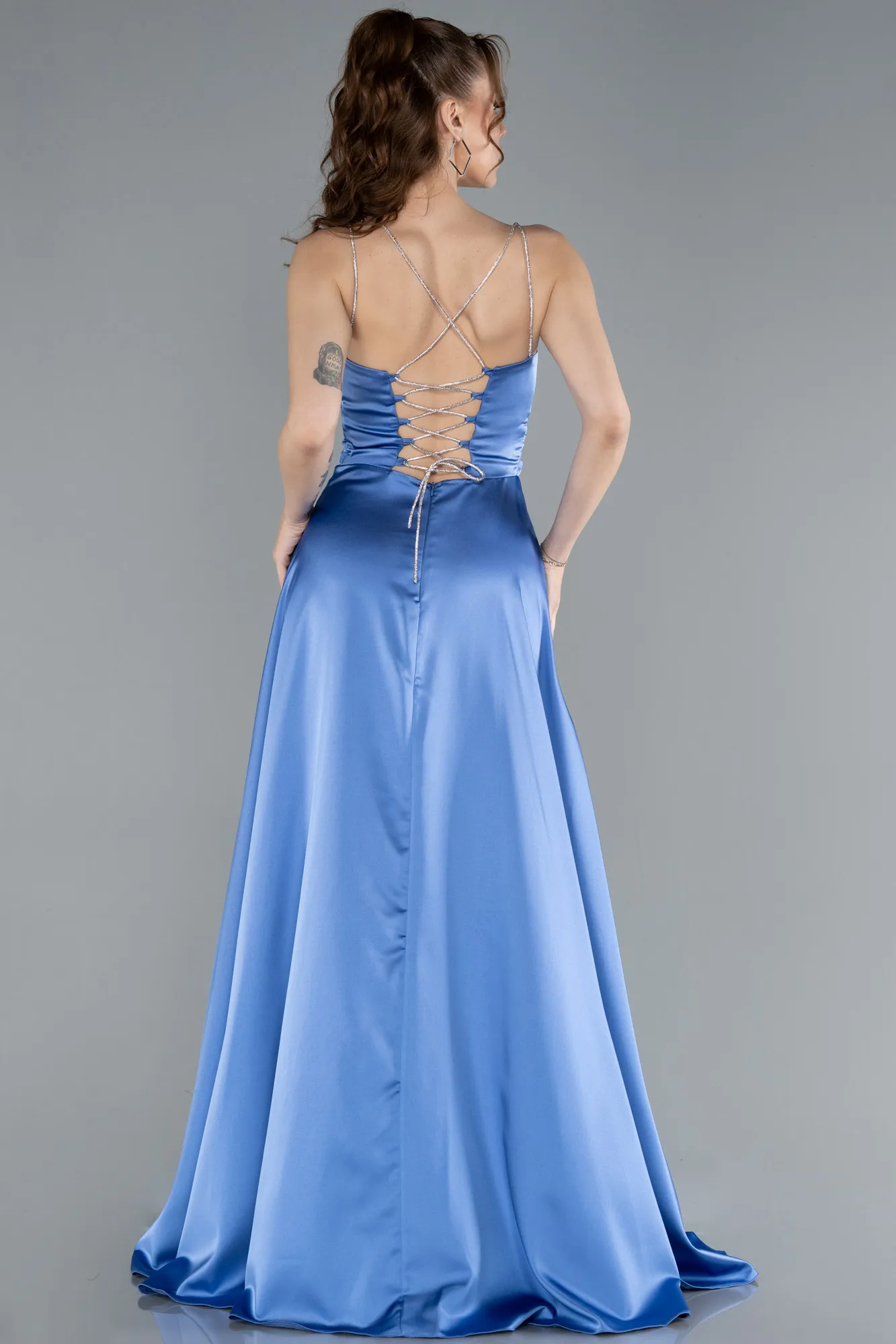 Indigo-Low Cut Back Long Satin Prom Dress ABU4702